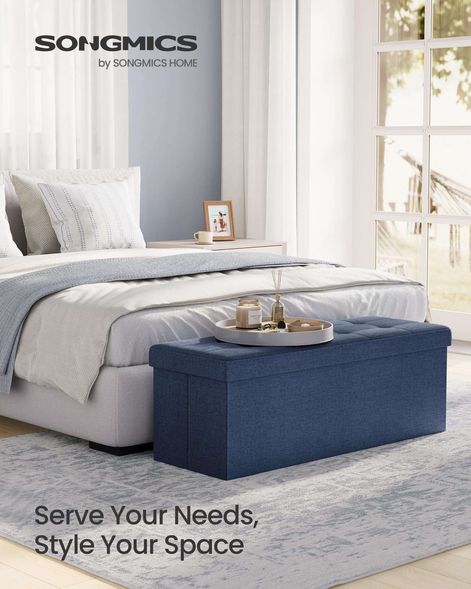 SONGMICS MAZIE Storage Ottoman Bench - 110 cm Folding Foot Rest | Dark Blue | 131L Capacity 3
