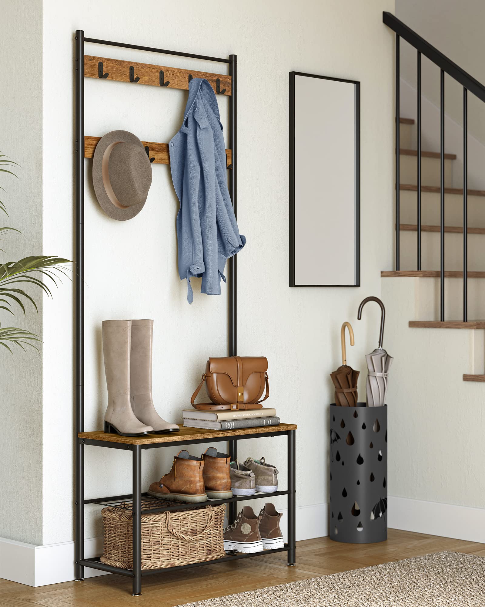 VASAGLE Hallway Storage Coat Rack with Shoe Bench | 9 Hooks | Chestnut Brown + Black 9