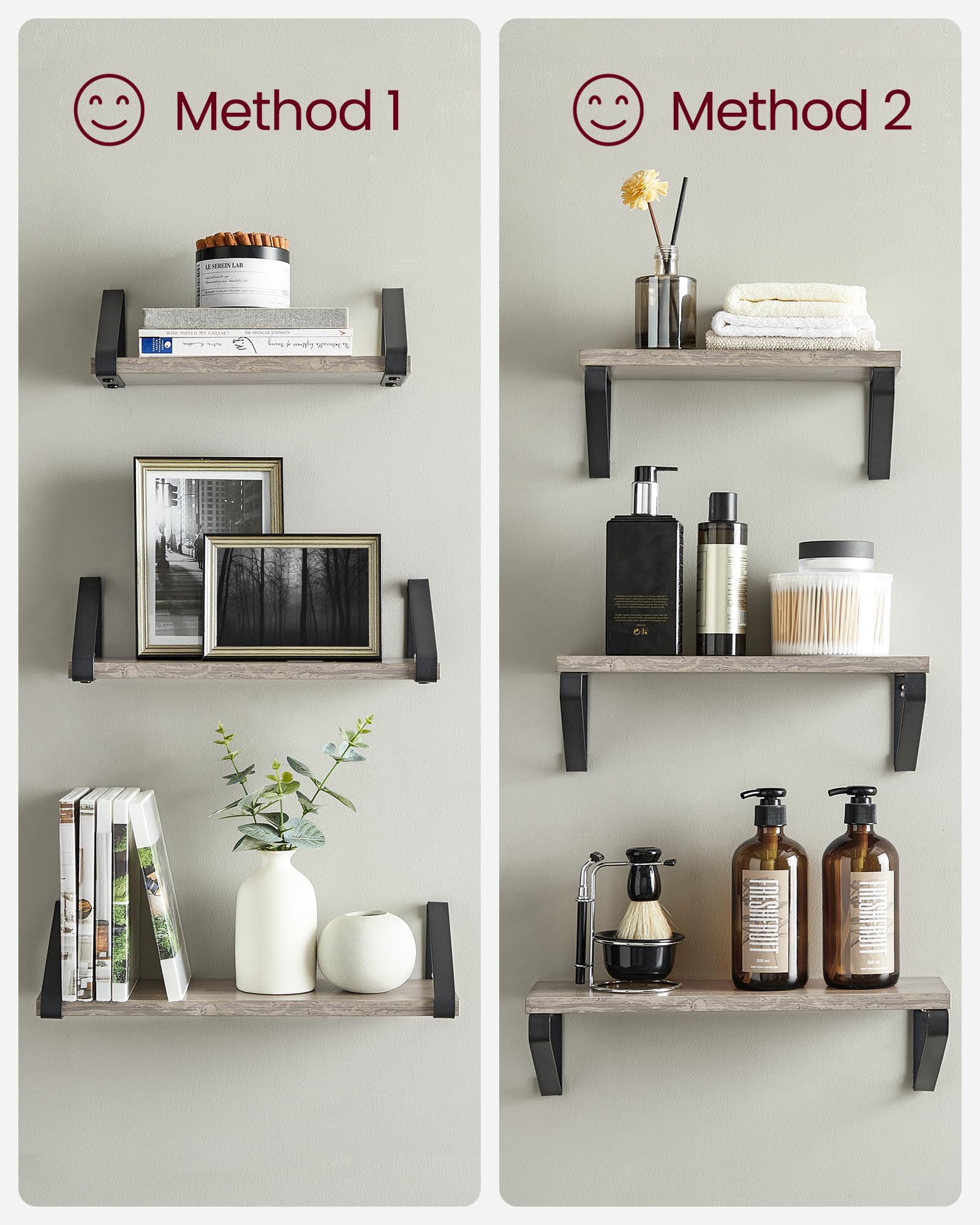 VASAGLE Floating Wall Shelves - Set of 3 Display Shelves | Heather Greige & Matte Black | Max 10 kg Capacity Each 6