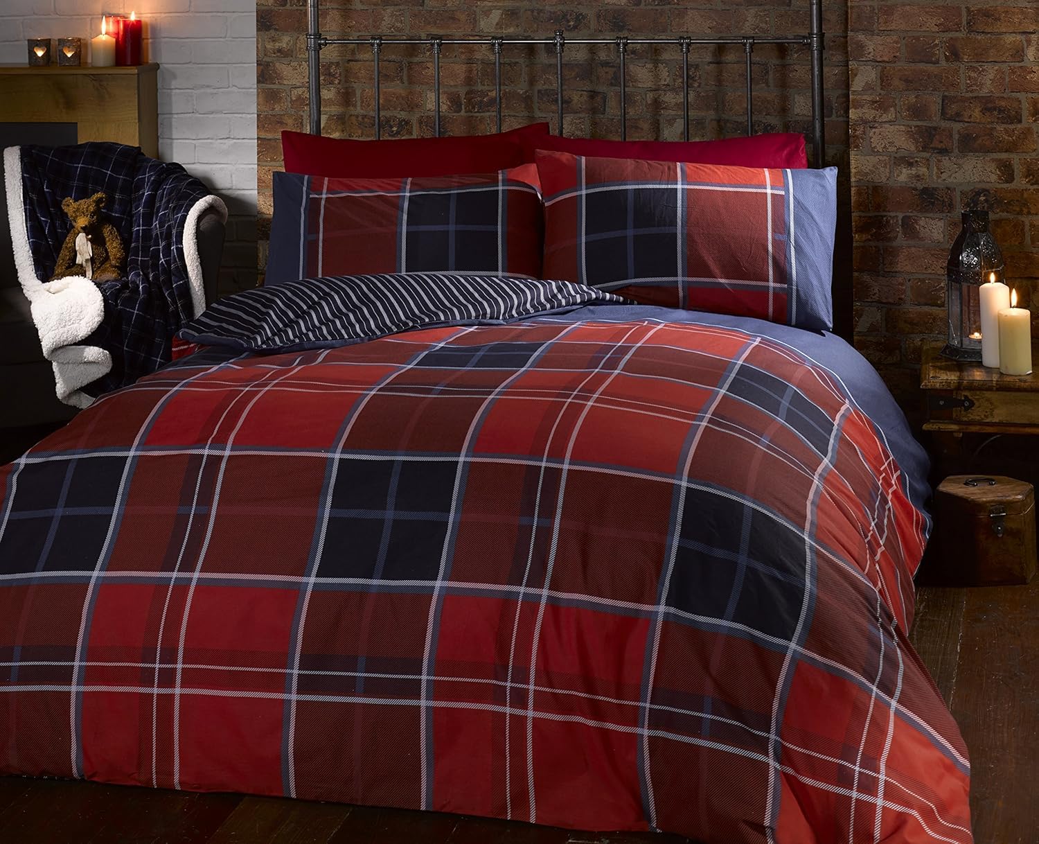 Rapport Home Argyle Tartan Reversible Duvet Cover Set - Single, Red | 52% Polyester, 48% Cotton 1