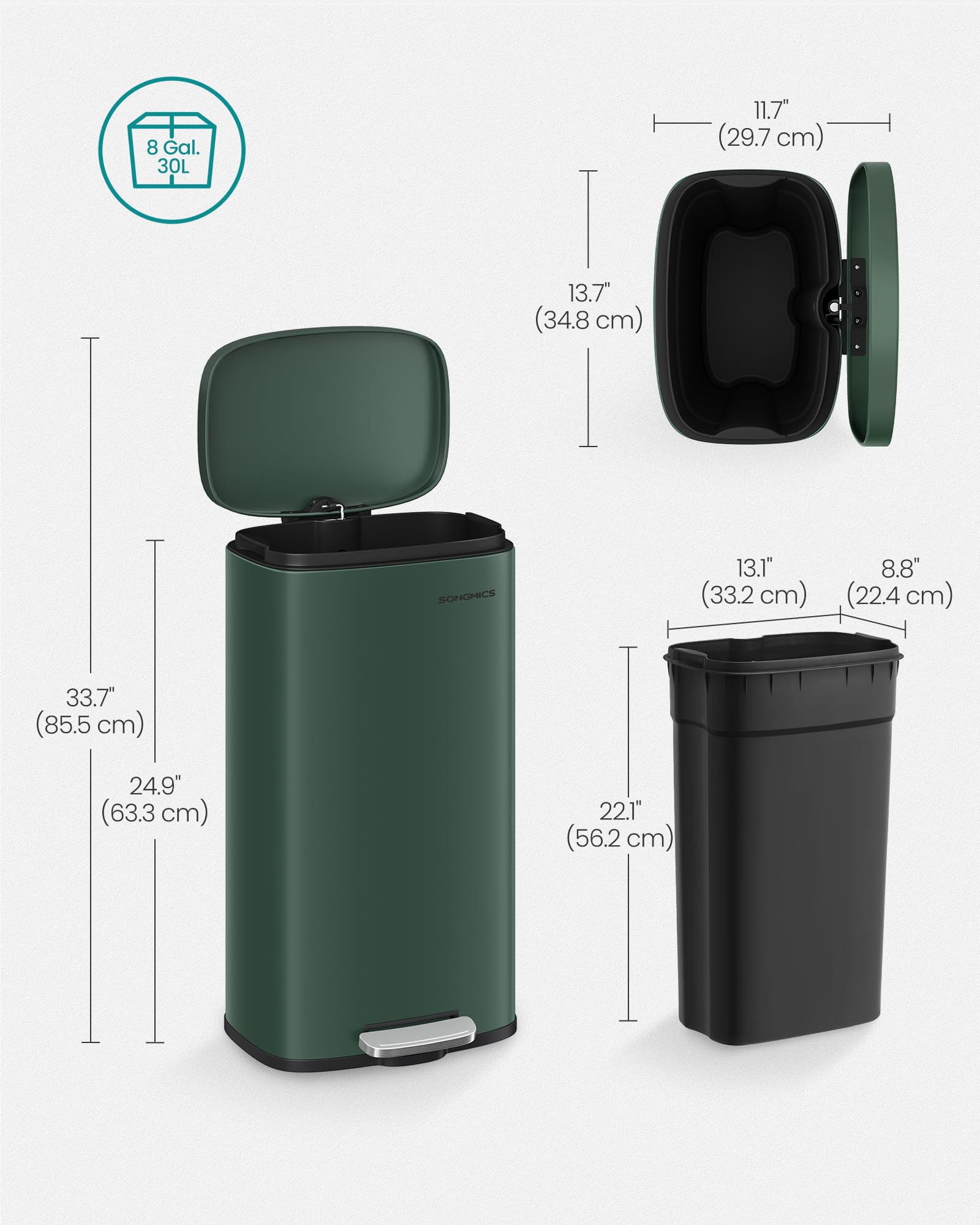 SONGMICS Kitchen Bin - 30L Pedal Rubbish Bin | Soft Close | Retro Green Steel | Inner Bucket 6