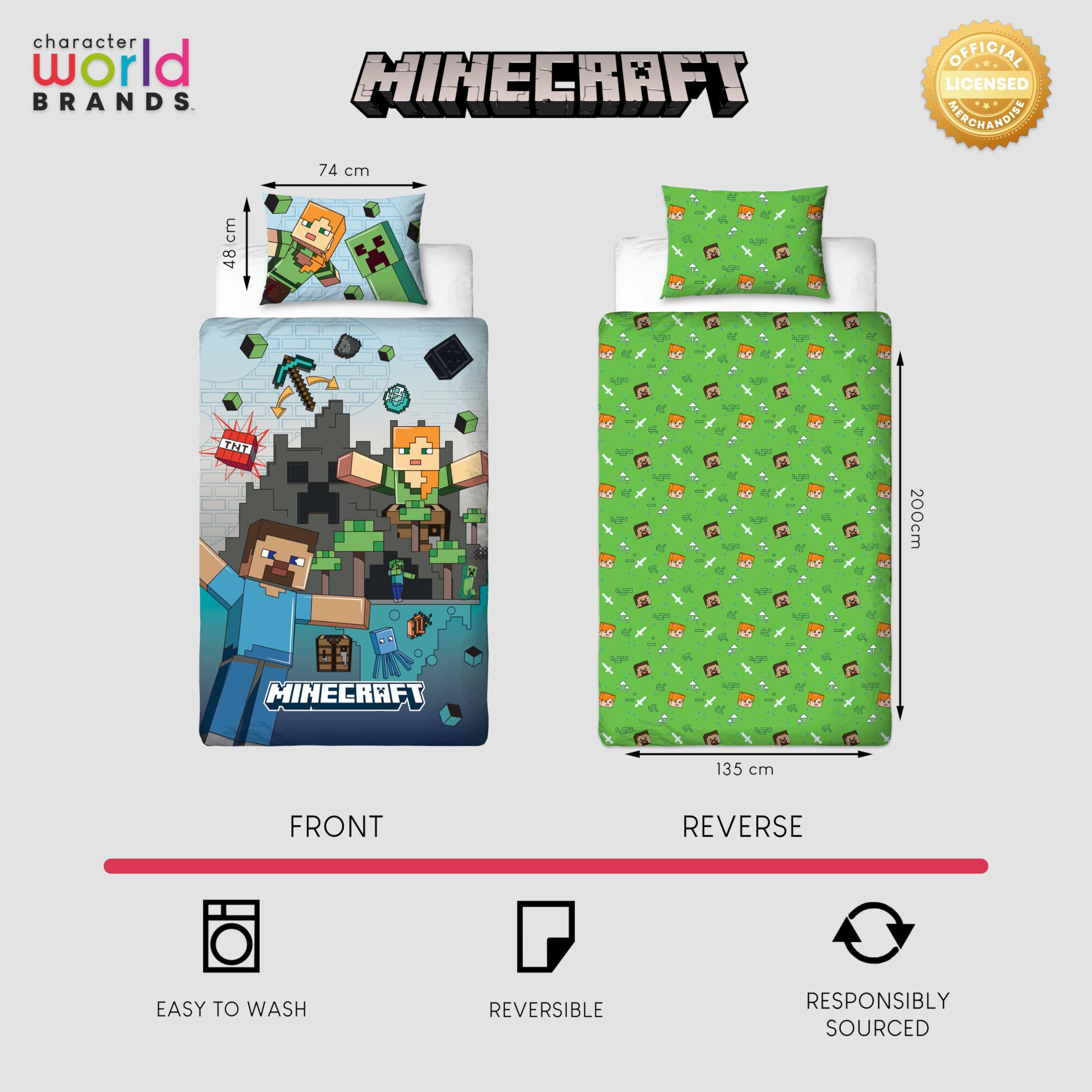 Character World Minecraft Reversible Single Duvet Cover Set | Polycotton Mix | UK Size 5