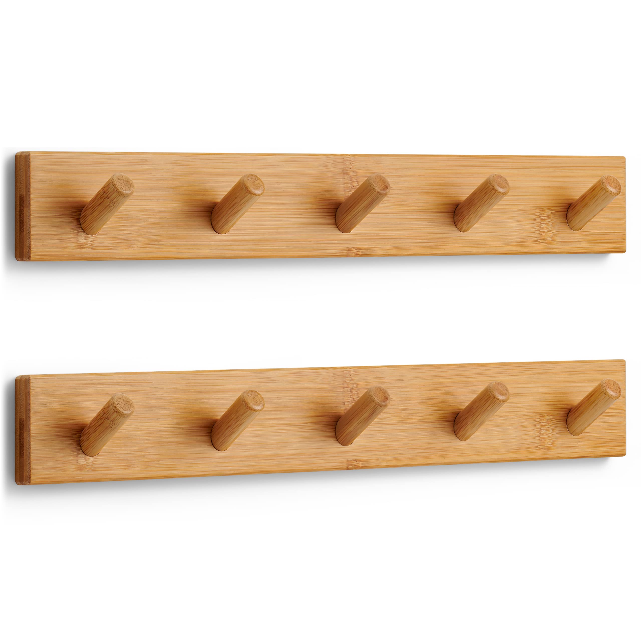 LARHN Wooden Wall Coat Rack with 5 Hooks - 2-Pack | Bamboo Finish | Heavy Duty