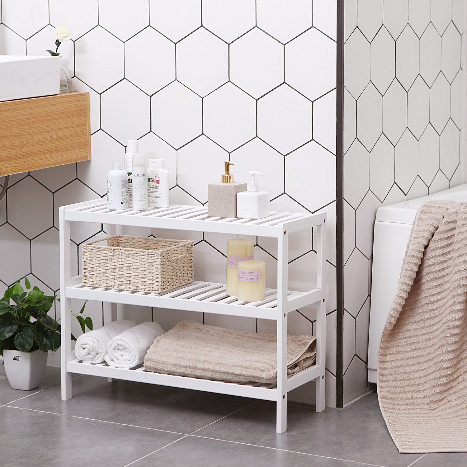 SONGMICS 3-Tier Bamboo Shoe Rack - White Finish | 70cm Wide | 10kg Per Shelf 3