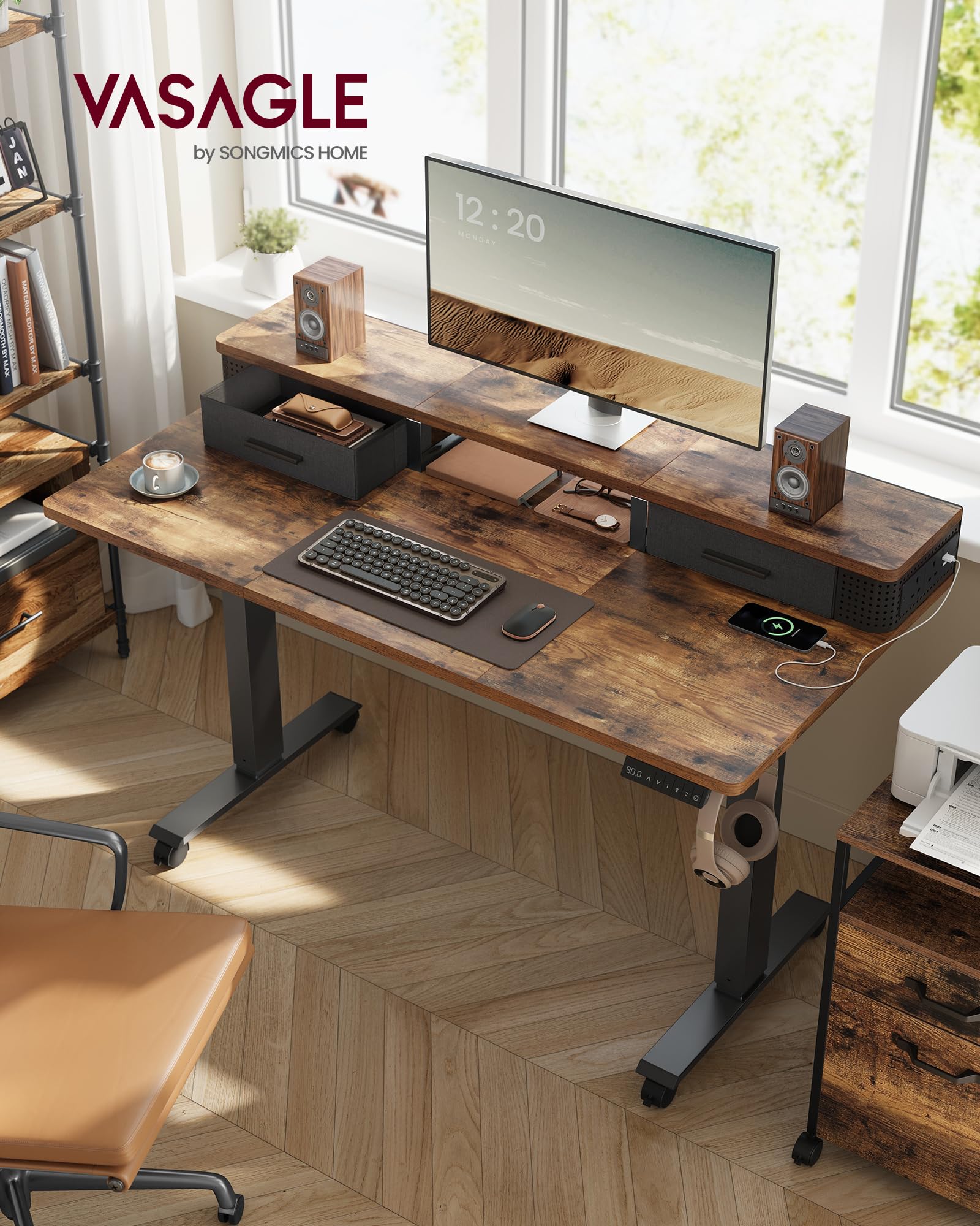 VASAGLE Electric Standing Desk - Adjustable Height 72-120 cm | Built-In Power Strip | Rustic Brown
