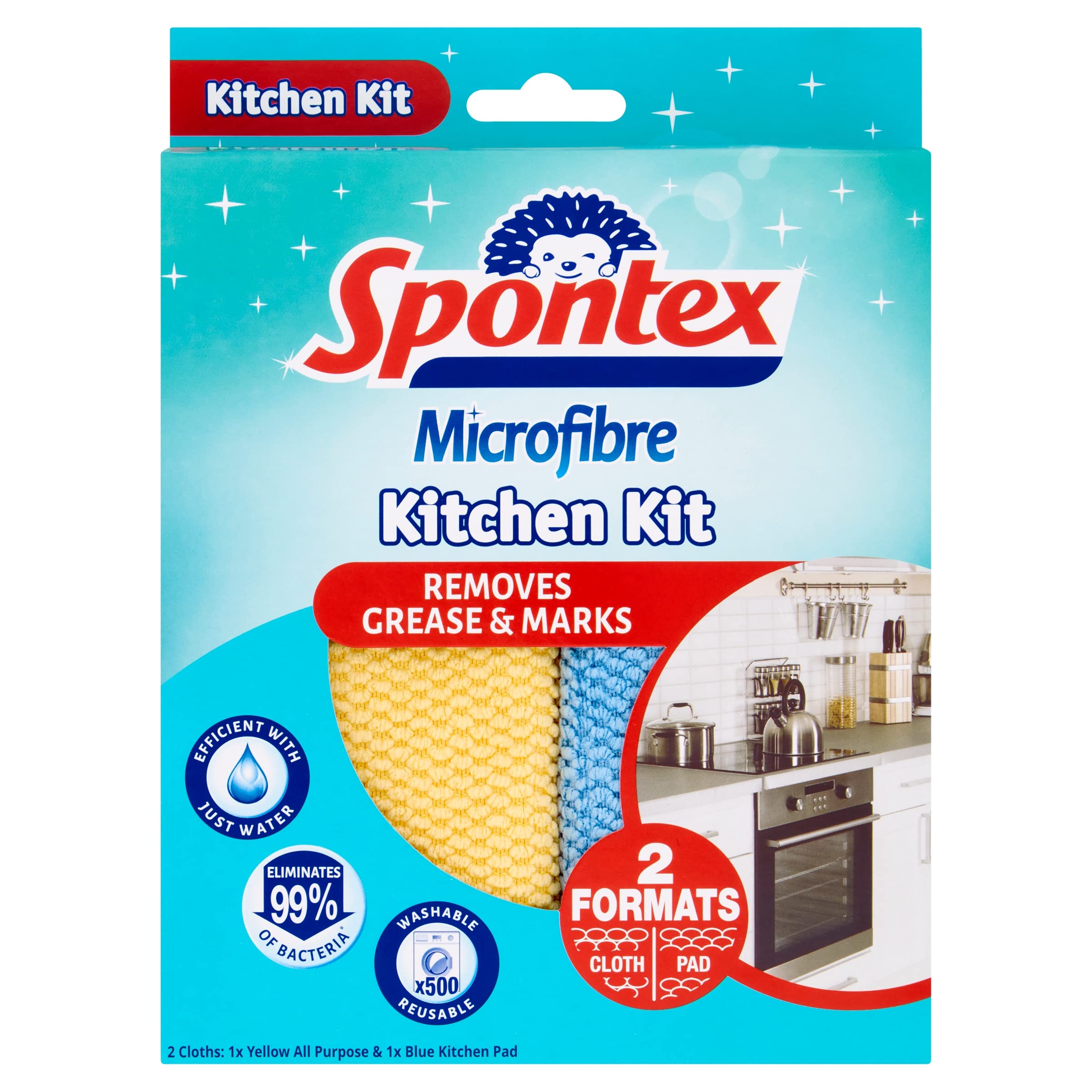 Spontex Microfibre Kitchen Kit - Removes 99% Bacteria, Washable 500 Times | 2 Count 1