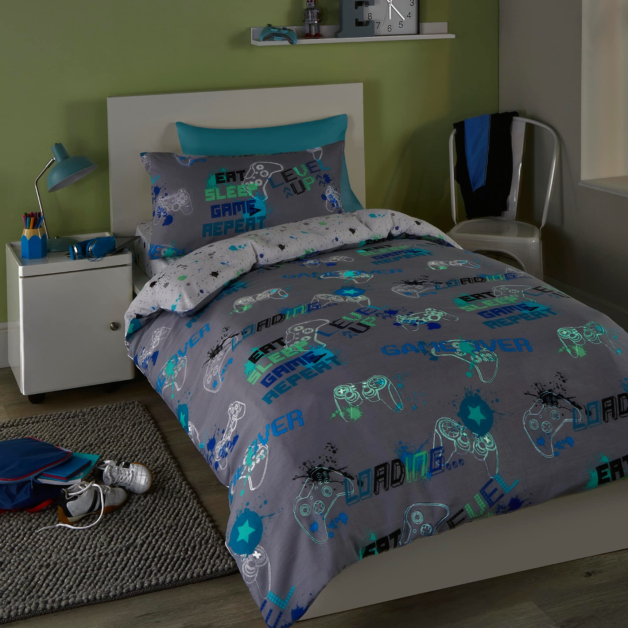 Bedlam Game Glow Grey Reversible Duvet Cover Set - Single Size 140x200cm - Glow-in-the-Dark 2