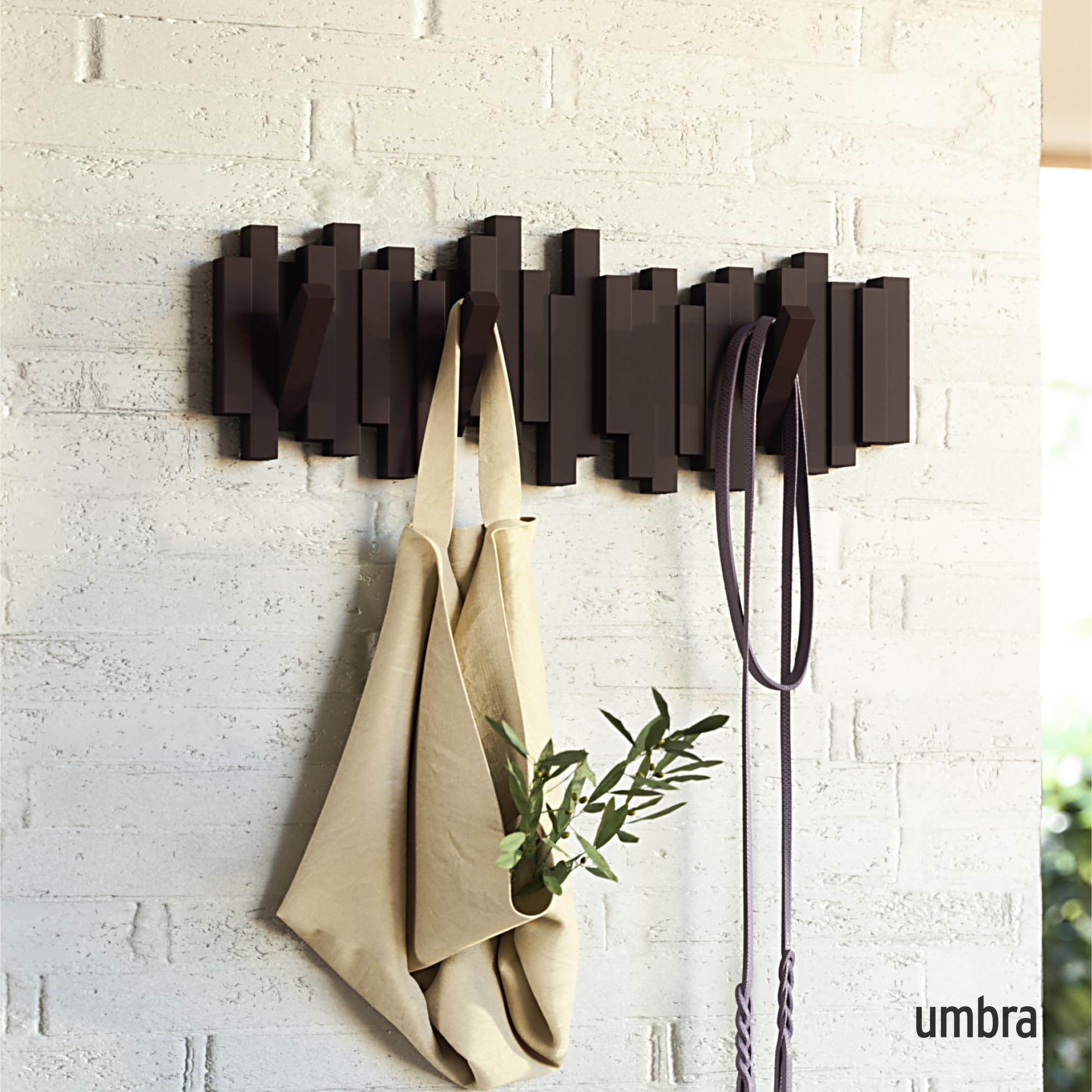 Umbra Sticks Wall-Mounted Coat Rack Rail Hook - 5 Retractable Pegs | Espresso Plastic | Modern Design