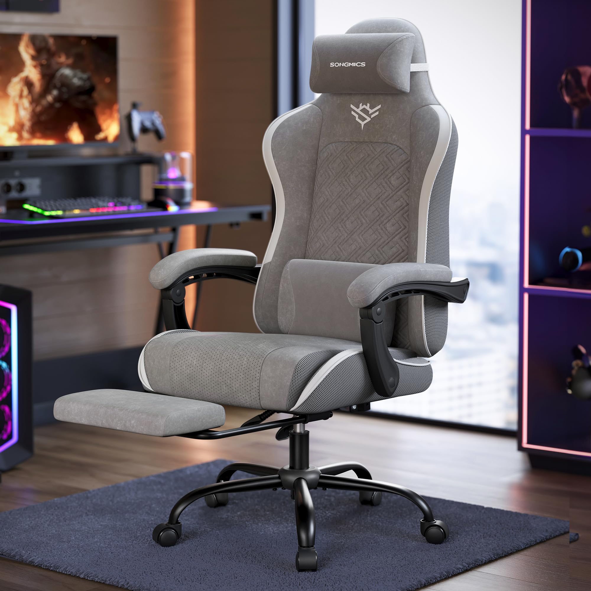 SONGMICS Ergonomic Video Game Chair with Footrest | Dove Grey | Max Load 150 kg 1