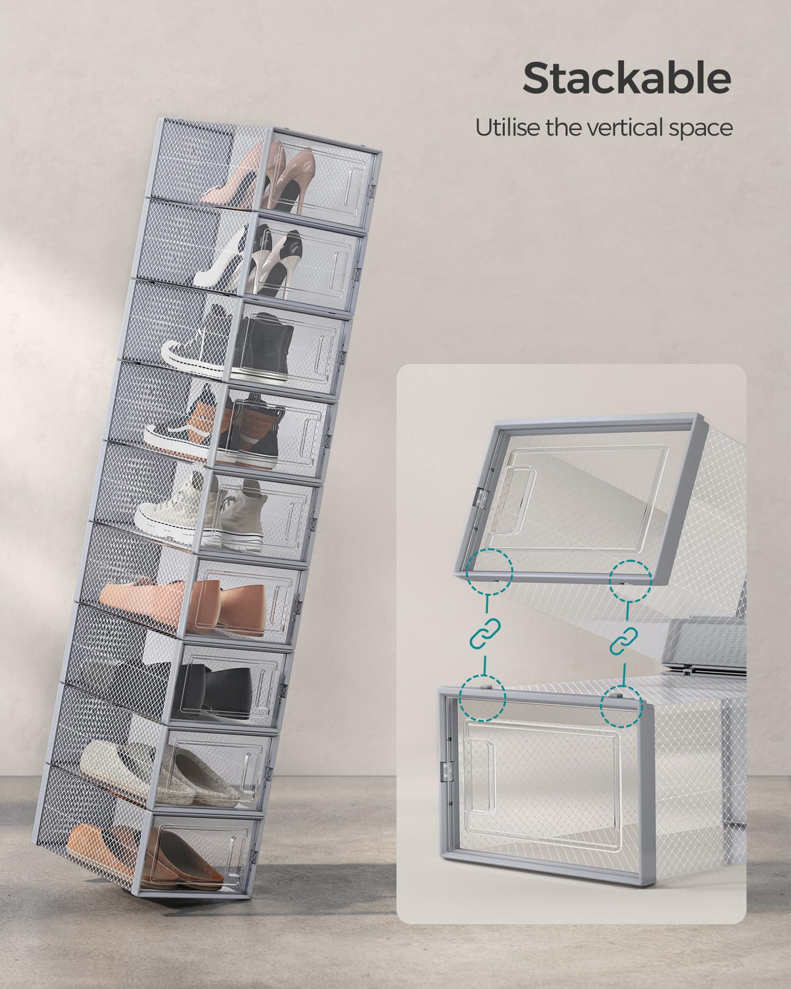 SONGMICS Shoe Boxes - Pack of 18 Stackable Organisers | Transparent Body | Fits up to UK Size 11 4