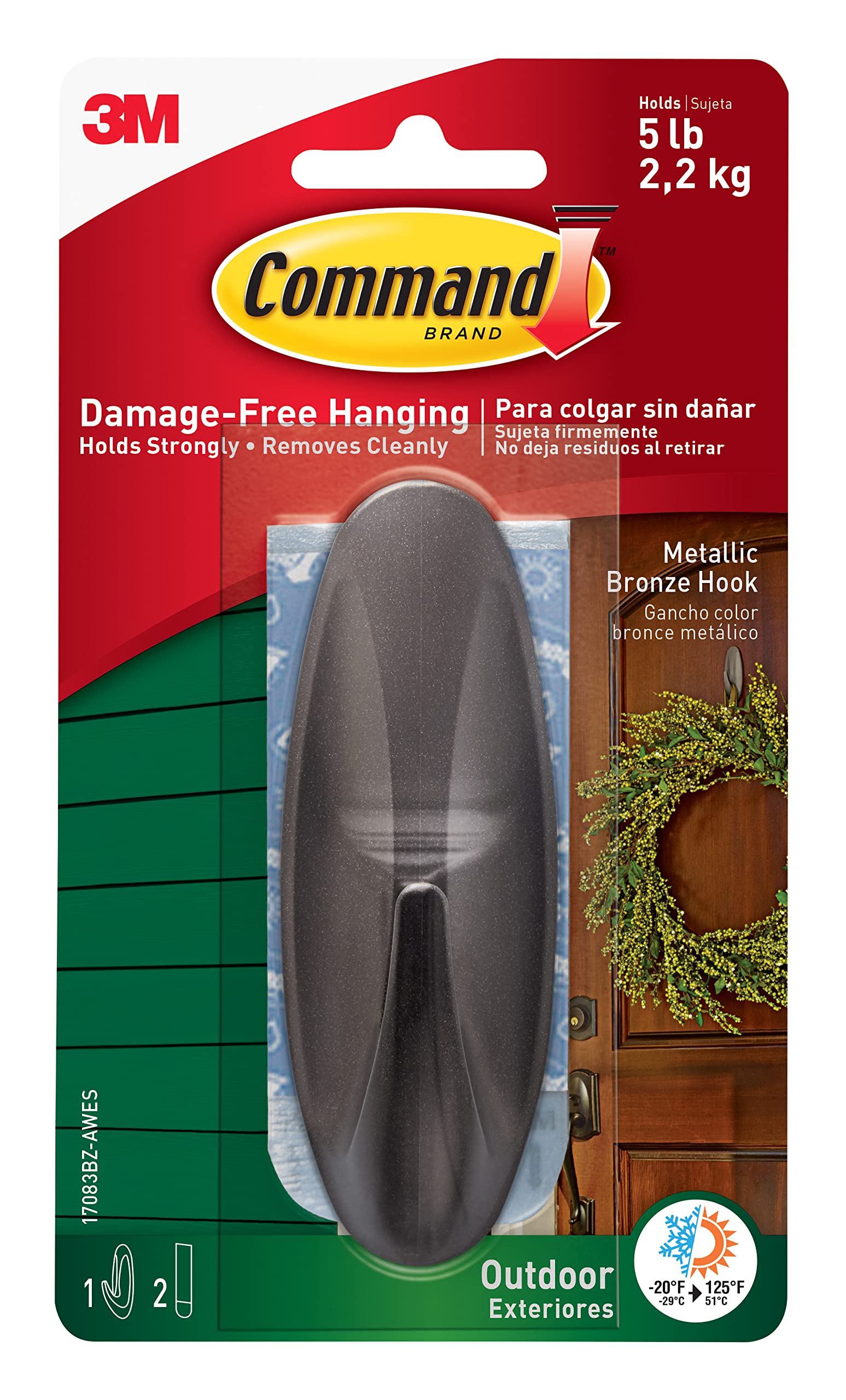 Command Large Designer Metallic Bronze Outdoor Hook - Secure Hanging for Wreaths & Signs | Damage-Free Removal 1