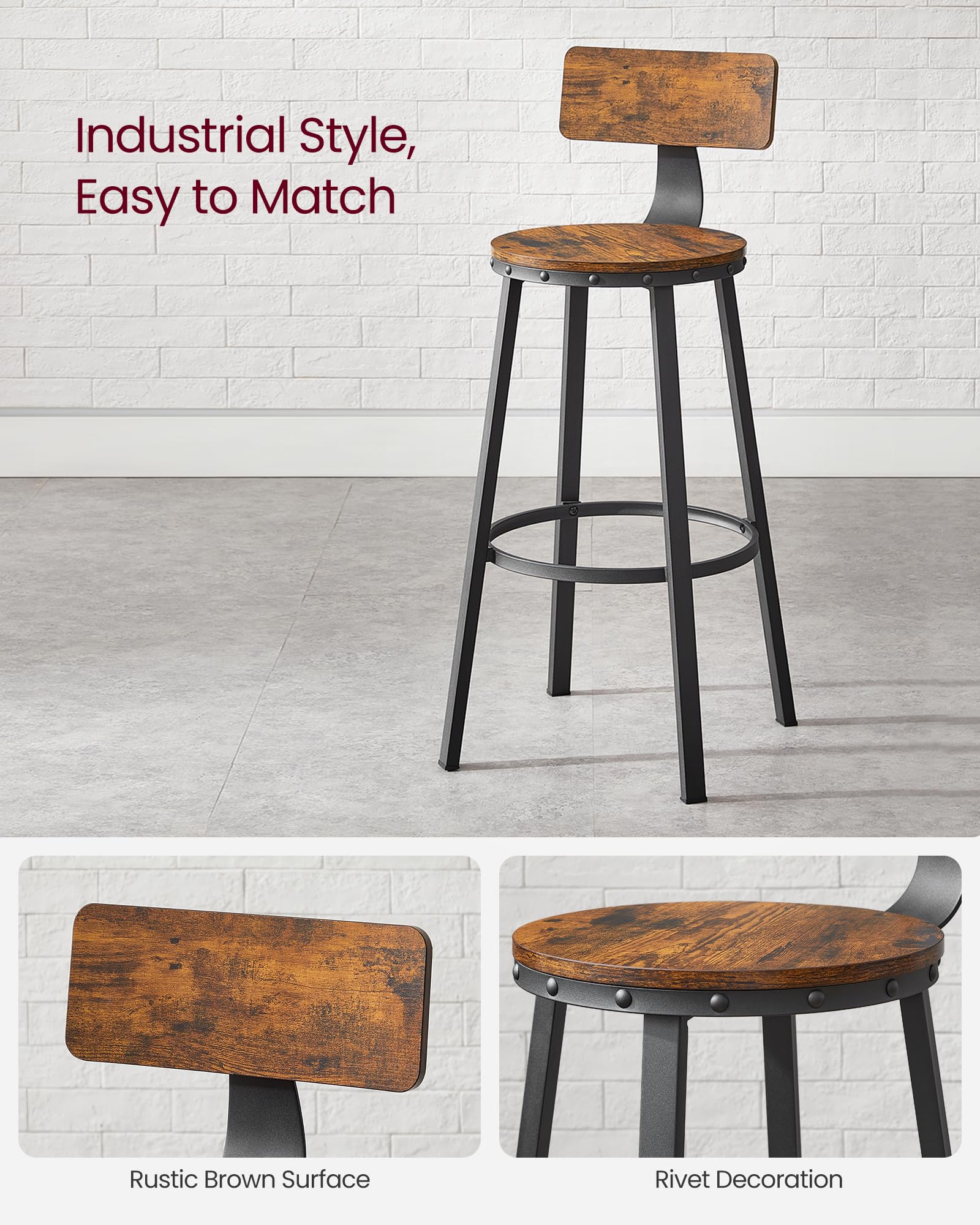 VASAGLE Bar Stools Set of 2 - Industrial Style with Backrest | Rustic Brown & Black | 100kg Capacity 7