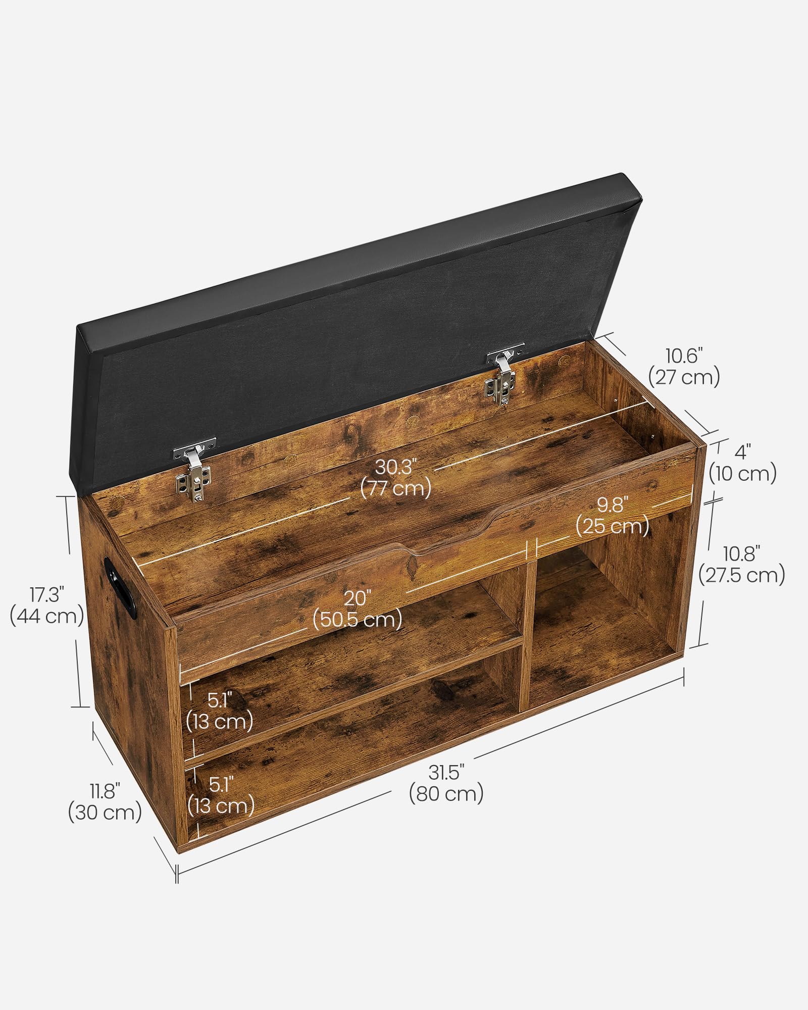VASAGLE Shoe Storage Bench with Padded Seat | 3 Compartments | 150 kg Load Capacity | Rustic Brown 3
