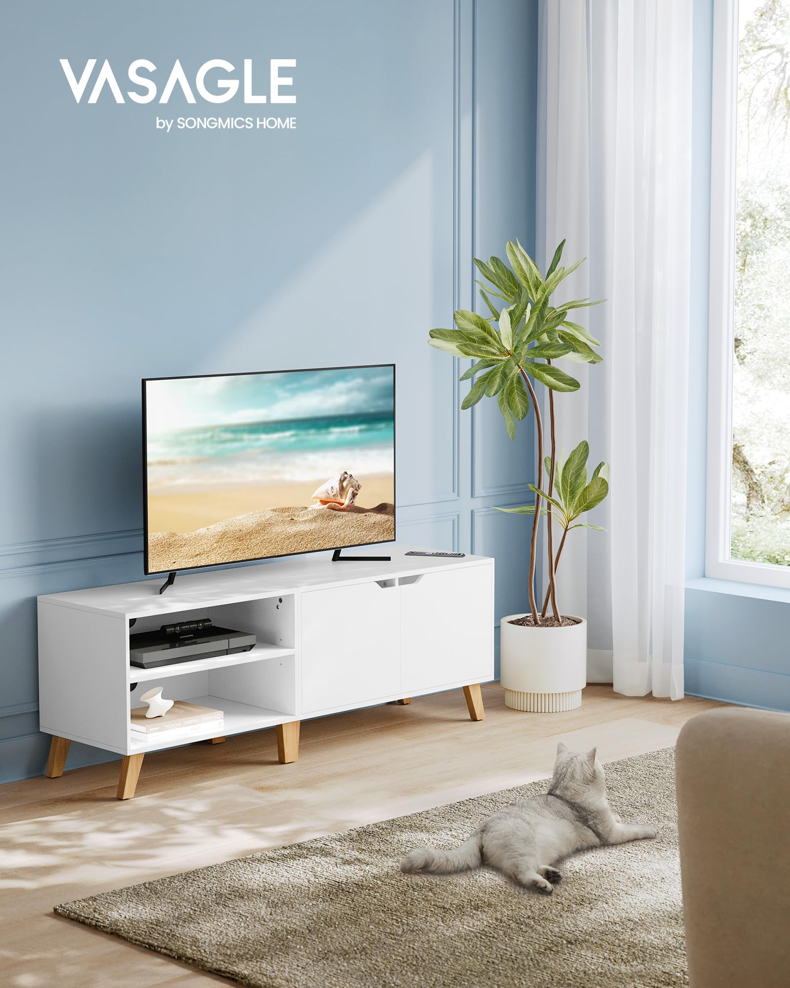 VASAGLE TV Stand - 140 cm Long, White, with 2 Doors & Adjustable Shelves | Engineered Wood
