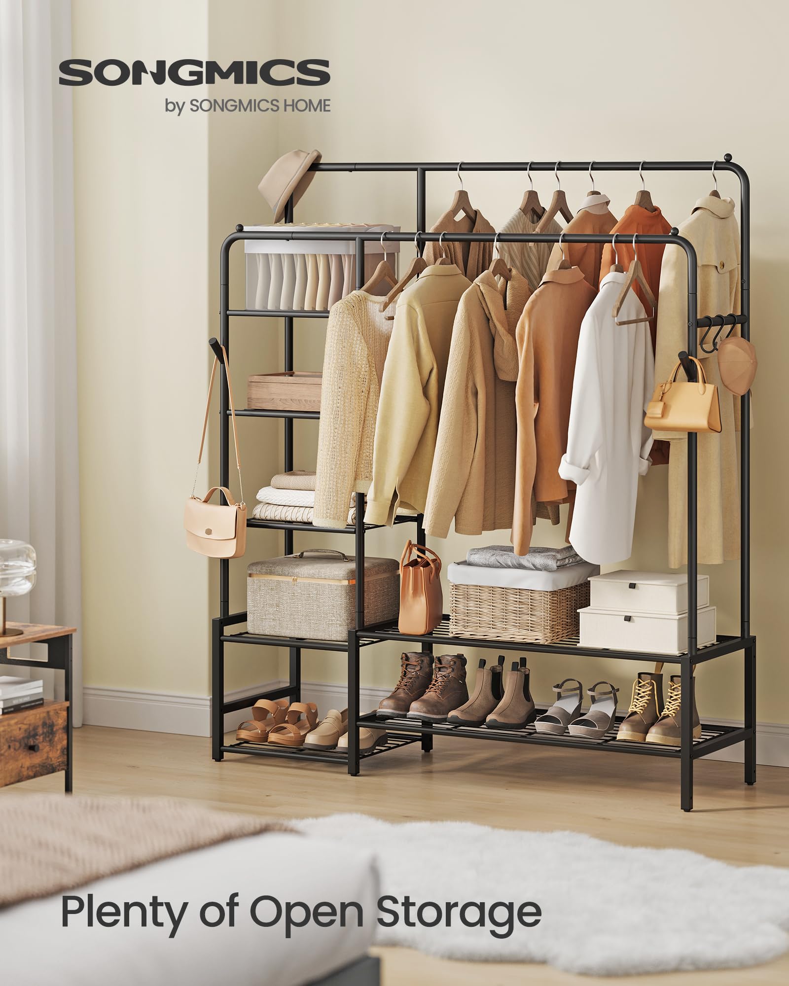 SONGMICS Clothes Rack - Open Wardrobe with 7 Shelves & 2 Hanging Rails | Black Alloy Steel 2
