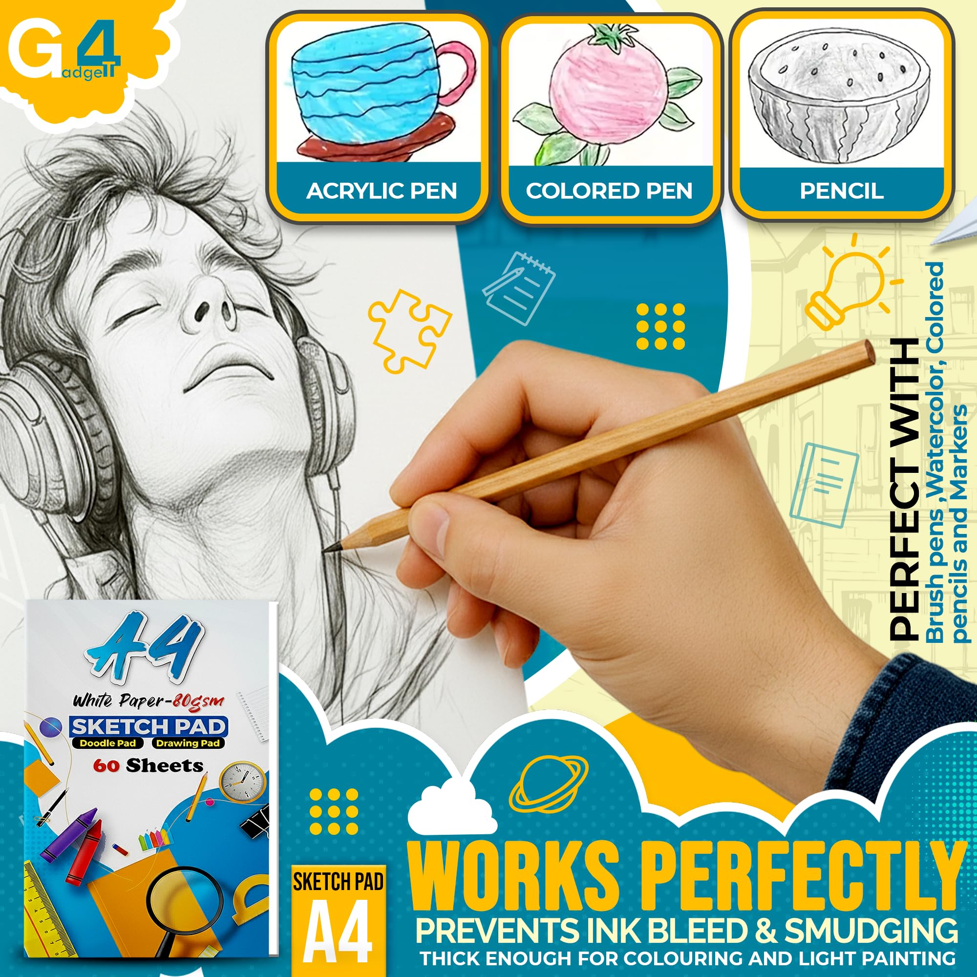 G4GADGET A4 Sketch Book 2 Pack - Premium White Acid-Free Pages | Glue Bound for Easy Tear Out 6