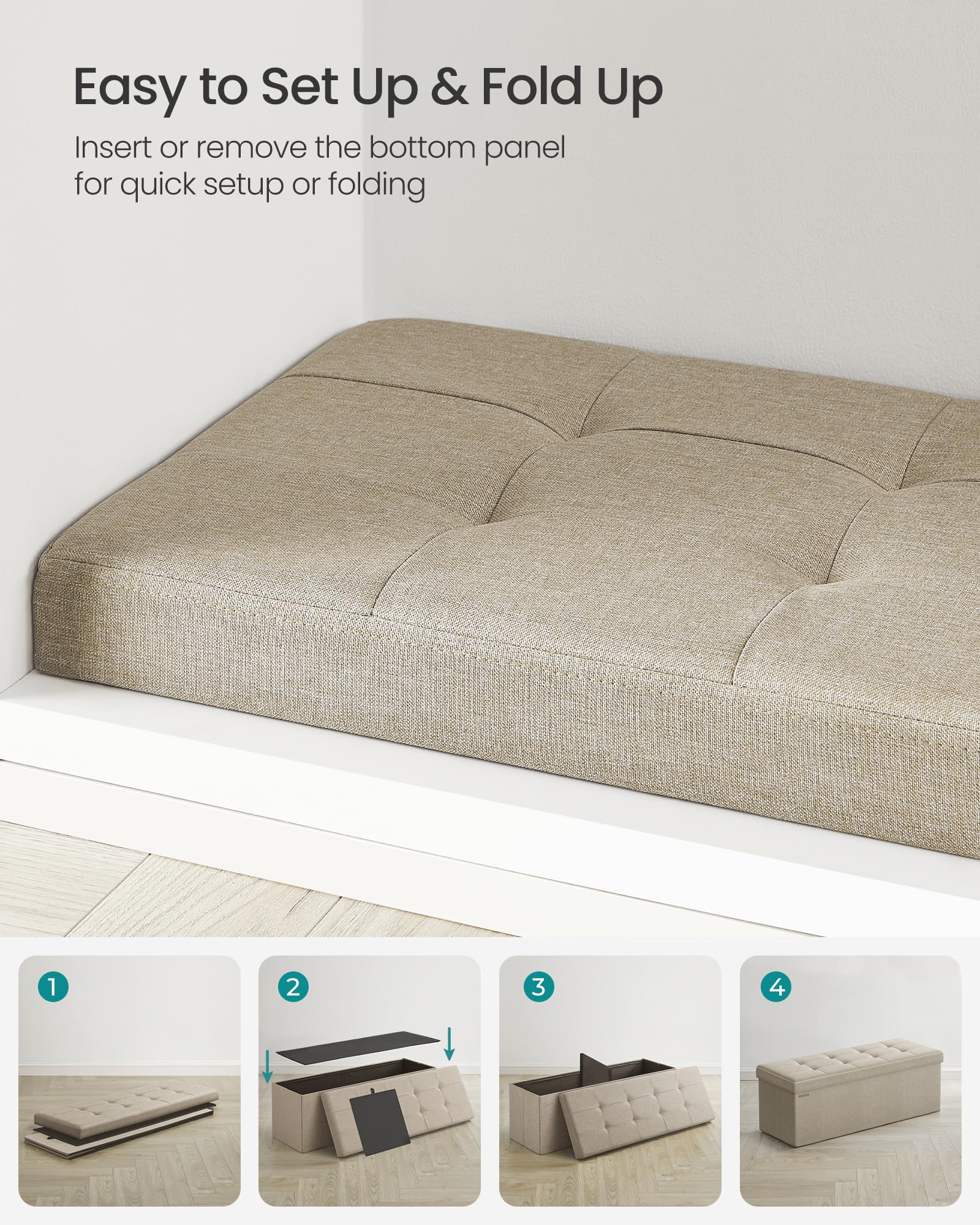 SONGMICS MAZIE Storage Ottoman Bench - 110 cm Folding Foot Rest | 131L Capacity | Camel Brown 6