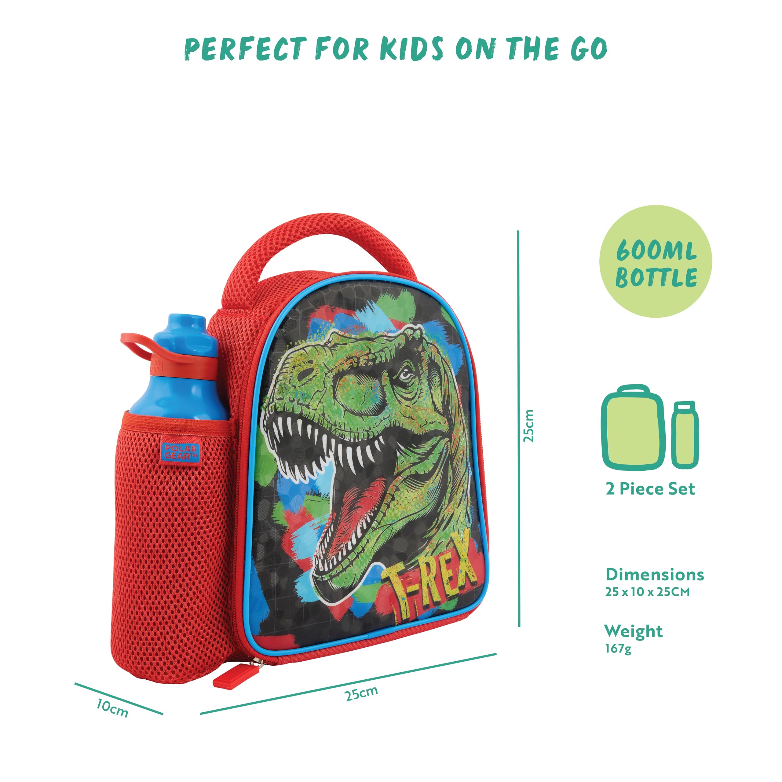 Polar Gear Dino T-Rex Insulated Kids Lunch Bag with 600ml Water Bottle | Polyester | Red 2