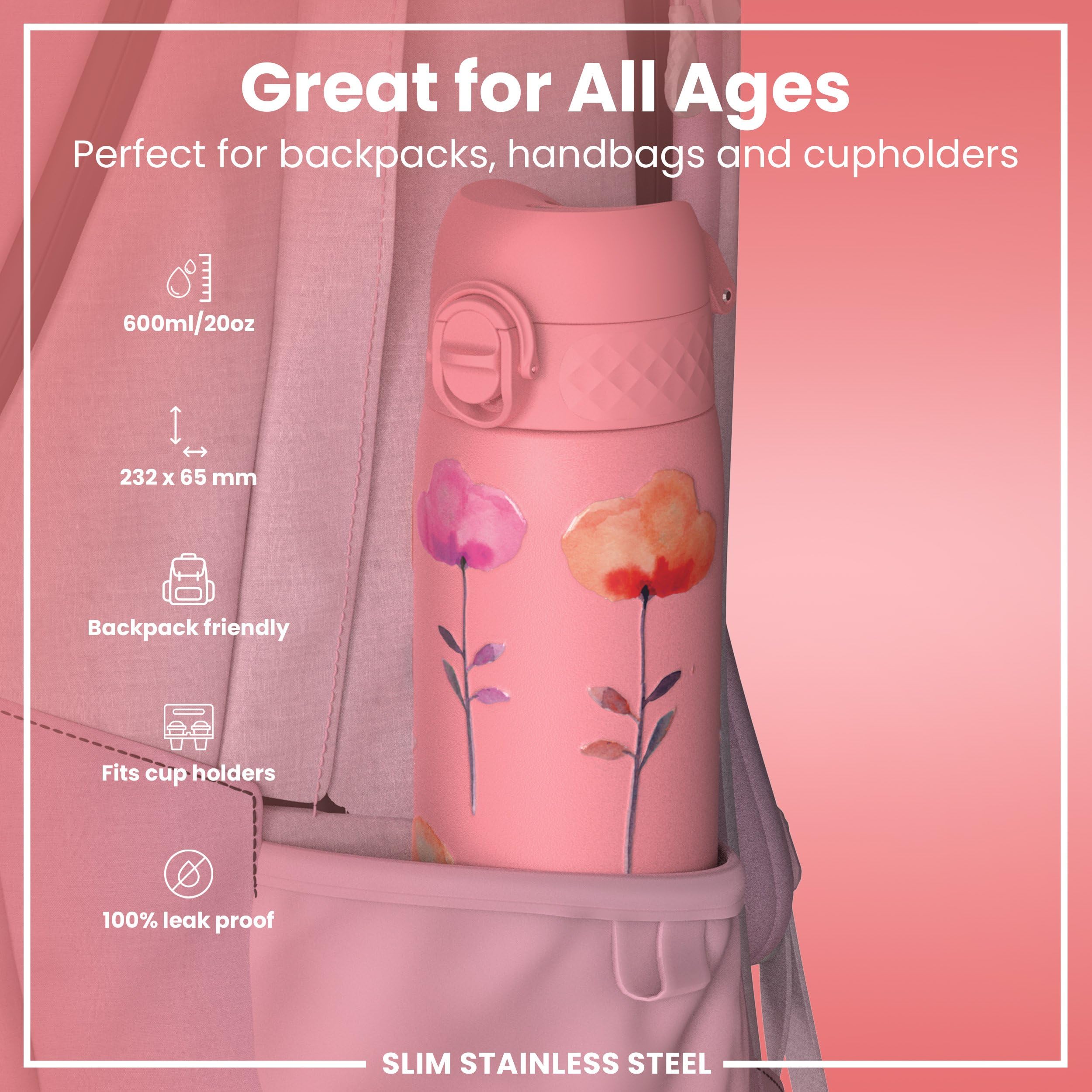 Ion8 Steel Water Bottle - 600 ml | Leak Proof | Flip Top | Flowers
