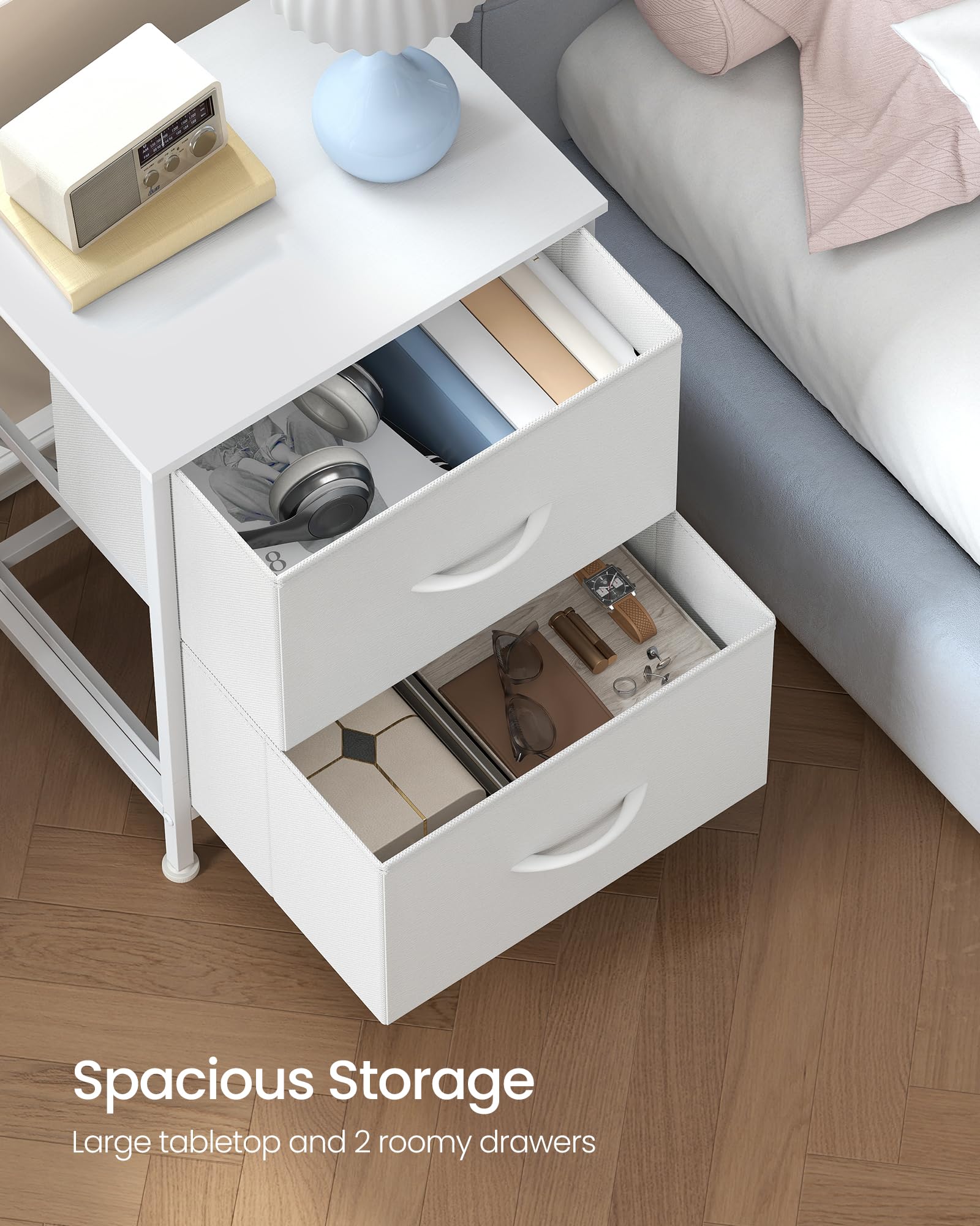 SONGMICS Bedside Table with 2 Non-Woven Fabric Drawers | Cloud White + Snow White | Steel & MDF Construction 4