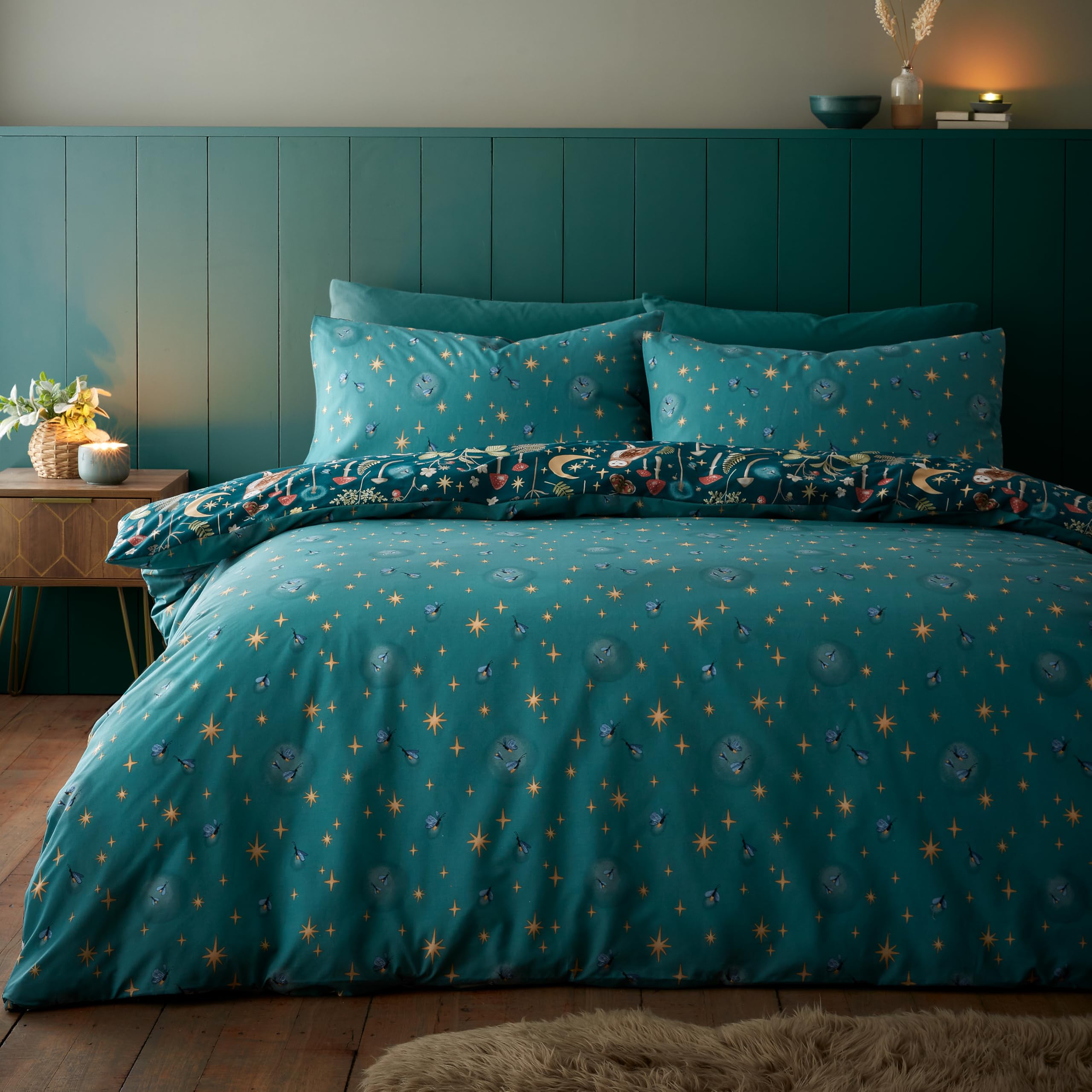 Catherine Lansfield Enchanted Twilight Reversible King Duvet Cover Set with Pillowcases, Forest Green 2