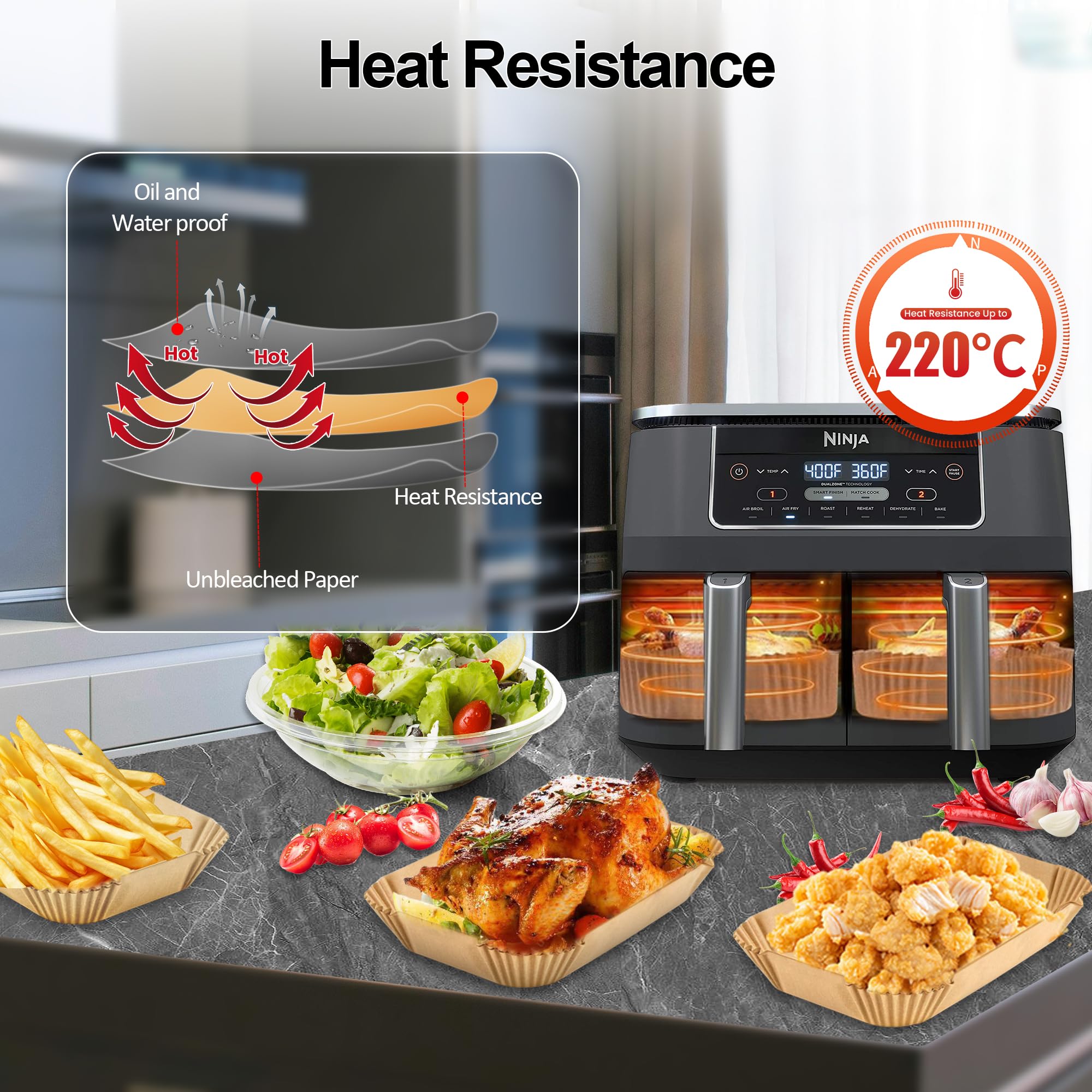 KitchenBoss 120Pcs Air Fryer Liners - 8.6x5.5in Rectangular Parchment for Dual Basket Fryers 3