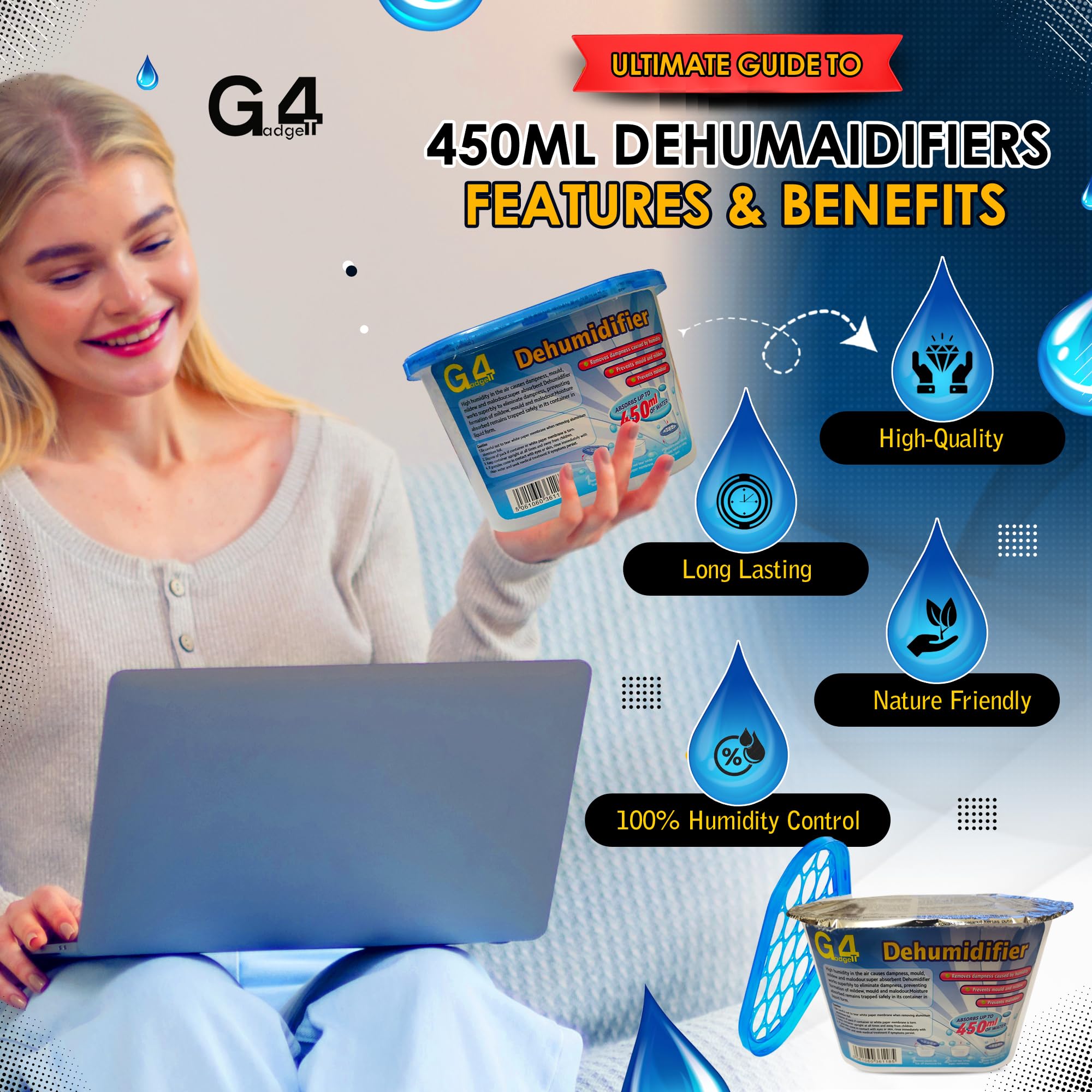 G4GADGET Disposable Dehumidifier Moisture Absorbers - Pack of 4 | 450ml Capacity | Portable 6