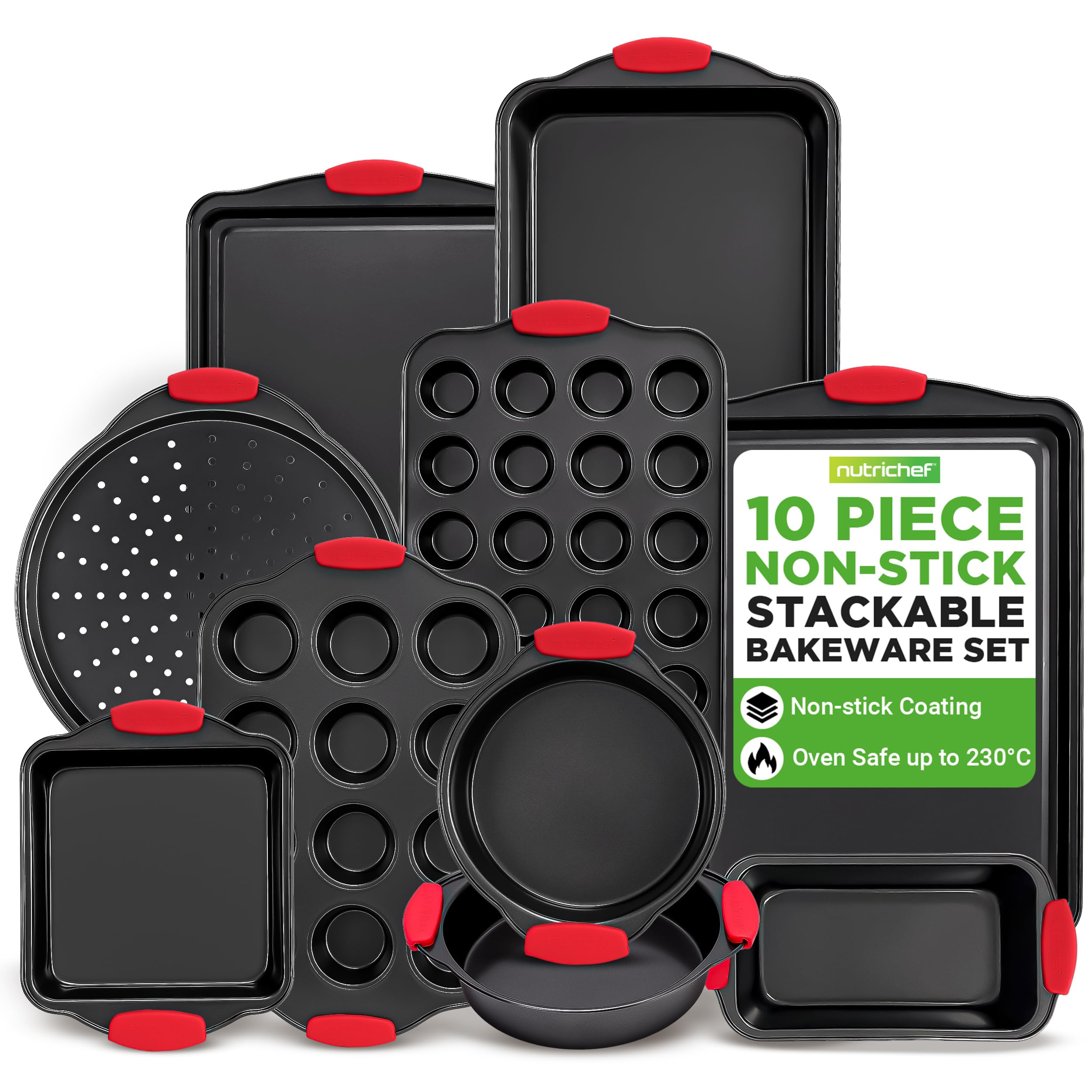 NutriChef Non-Stick Baking Tray Set - 10-Piece Stackable Carbon Steel Bakeware | Oven Safe to 230°C 1