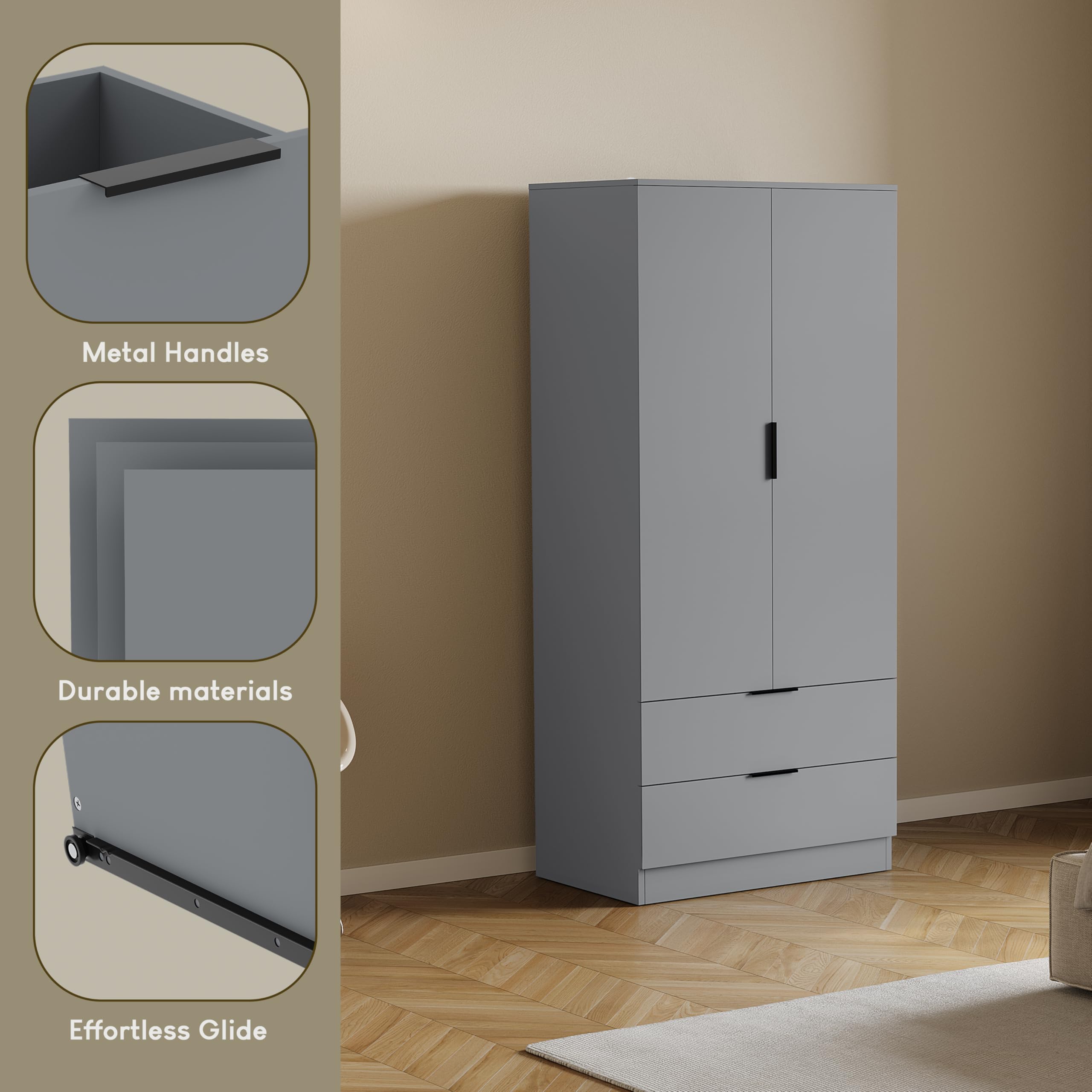 Vida Designs Trega Wardrobe - 2 Door 2 Drawer | Grey Finish | 170cm H x 76cm W 6