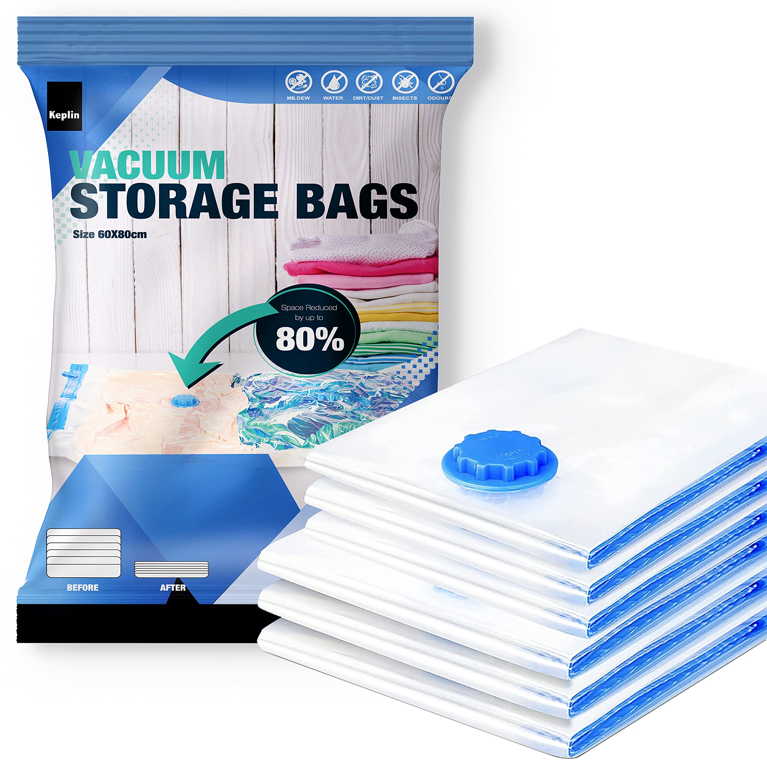 KEPLIN Vacuum Storage Bags - Maximize Space for Clothes & Bedding | Secure Double Zip Valve | 6 Pack Large (60cm x 80 cm) 1
