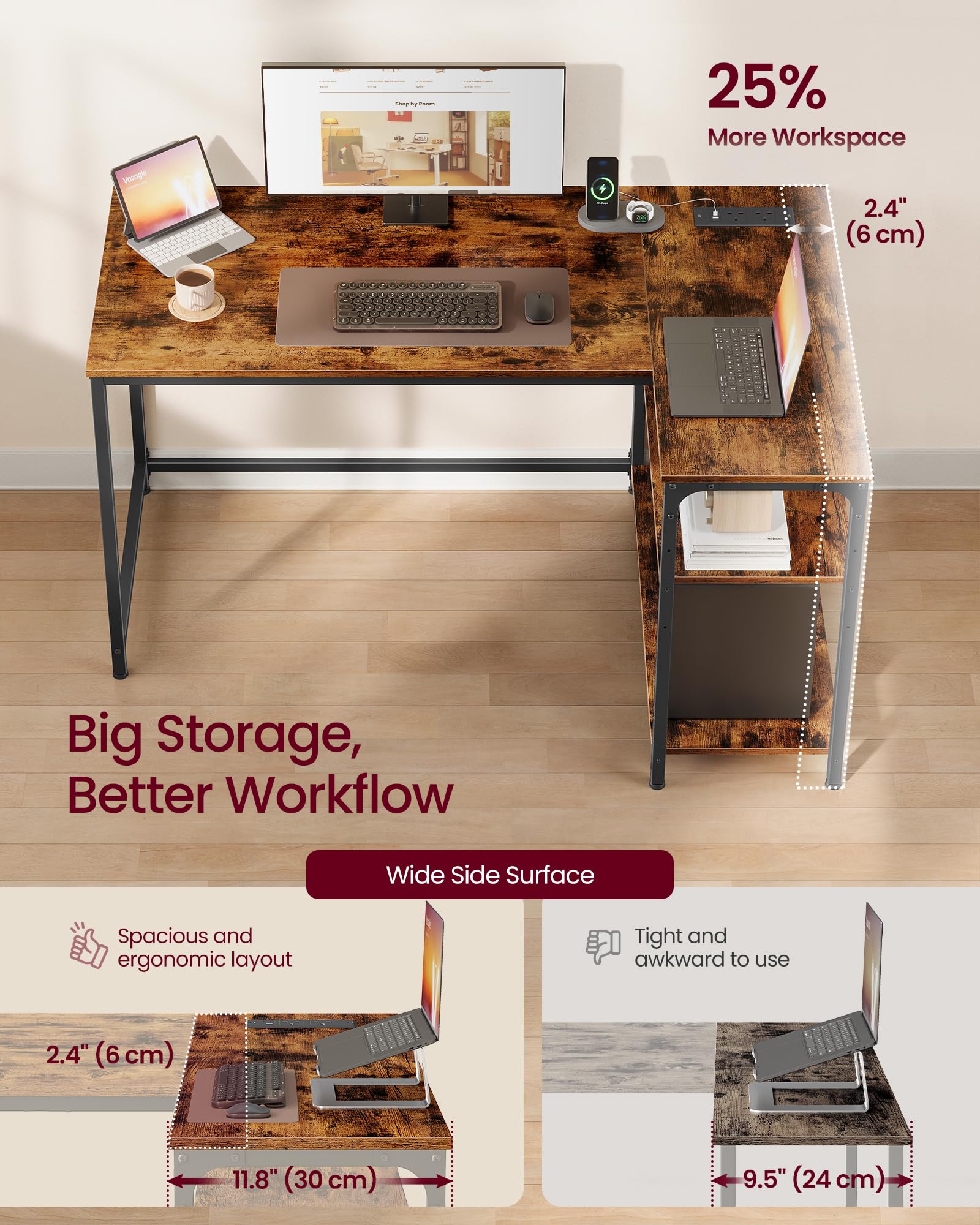 VASAGLE L Shaped Corner Desk - Reversible Storage | Built-In Charging | 120 x 80 cm 4