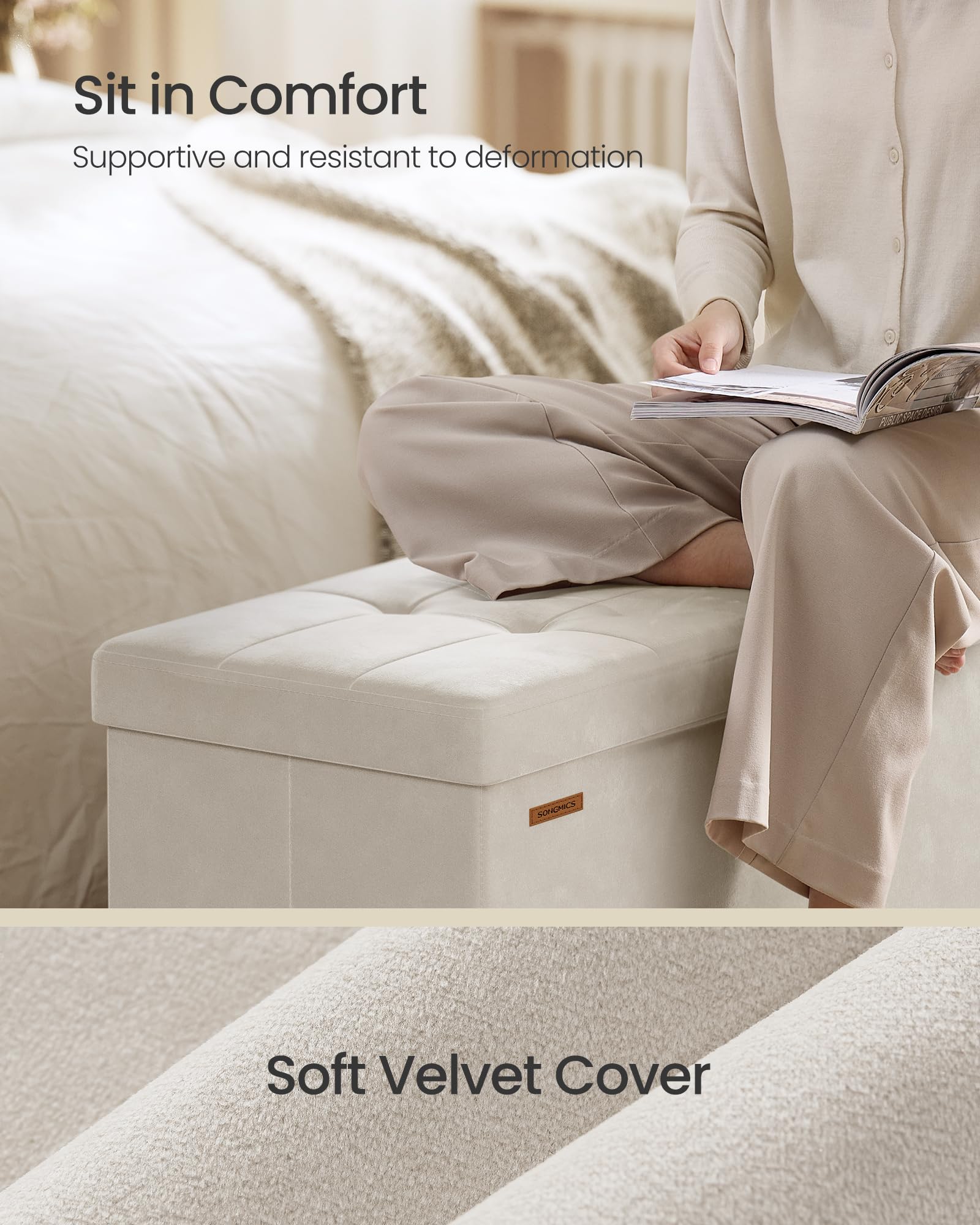 SONGMICS Storage Ottoman - 112L Capacity, Velvet Surface, 300 kg Load | Cappuccino Beige 4