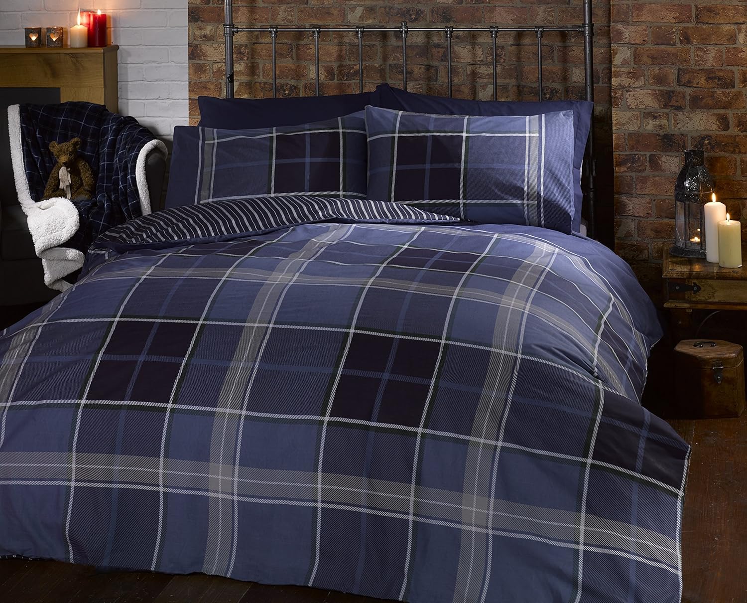 Rapport Home Argyle Tartan Reversible Duvet Cover Set, Single, Blue | 52% Polyester 48% Cotton 1