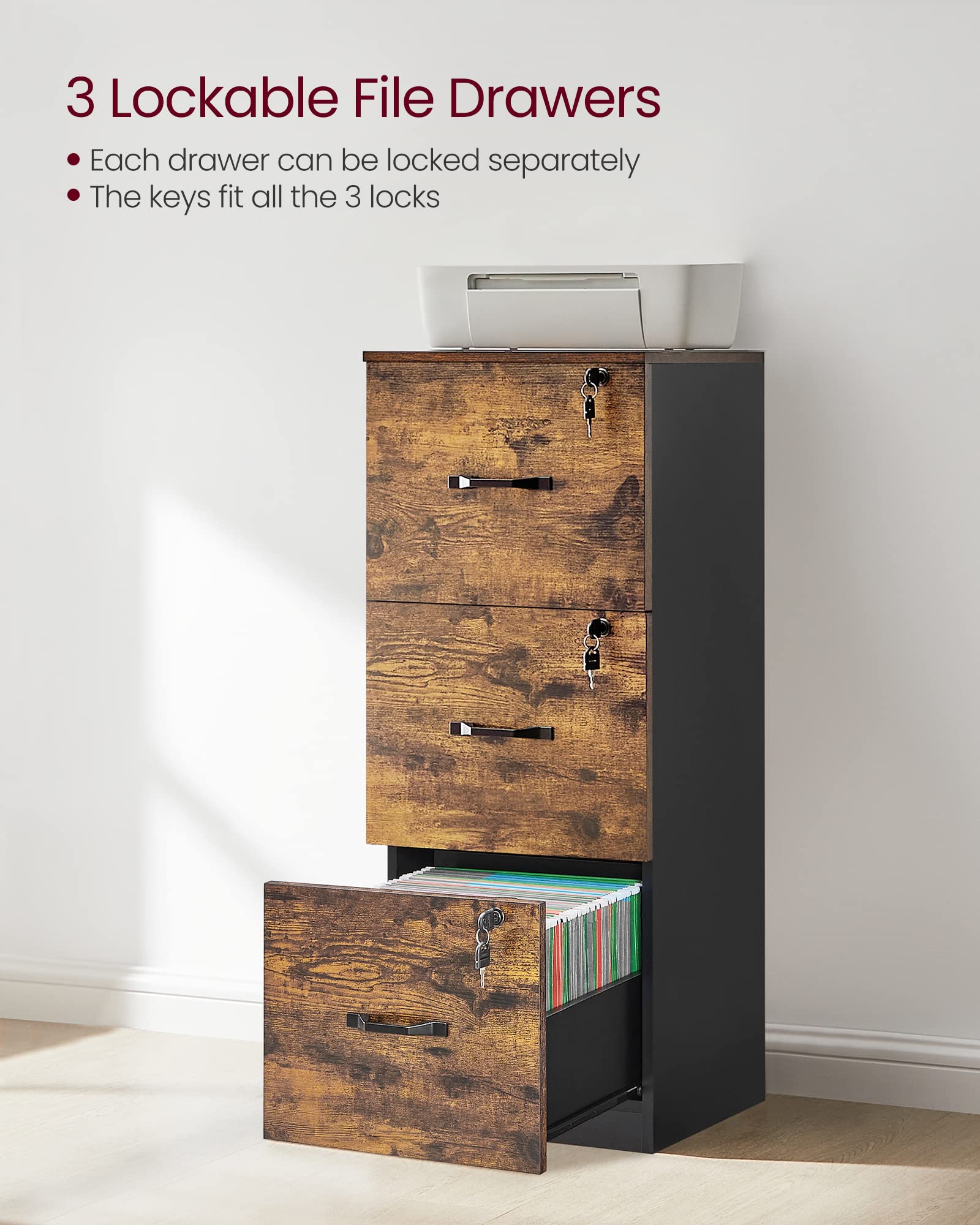 VASAGLE File Cabinet for Home Office - 3 Lockable Drawers | A4 & Letter Size | Rustic Brown/Ink Black | OFC055B01 6