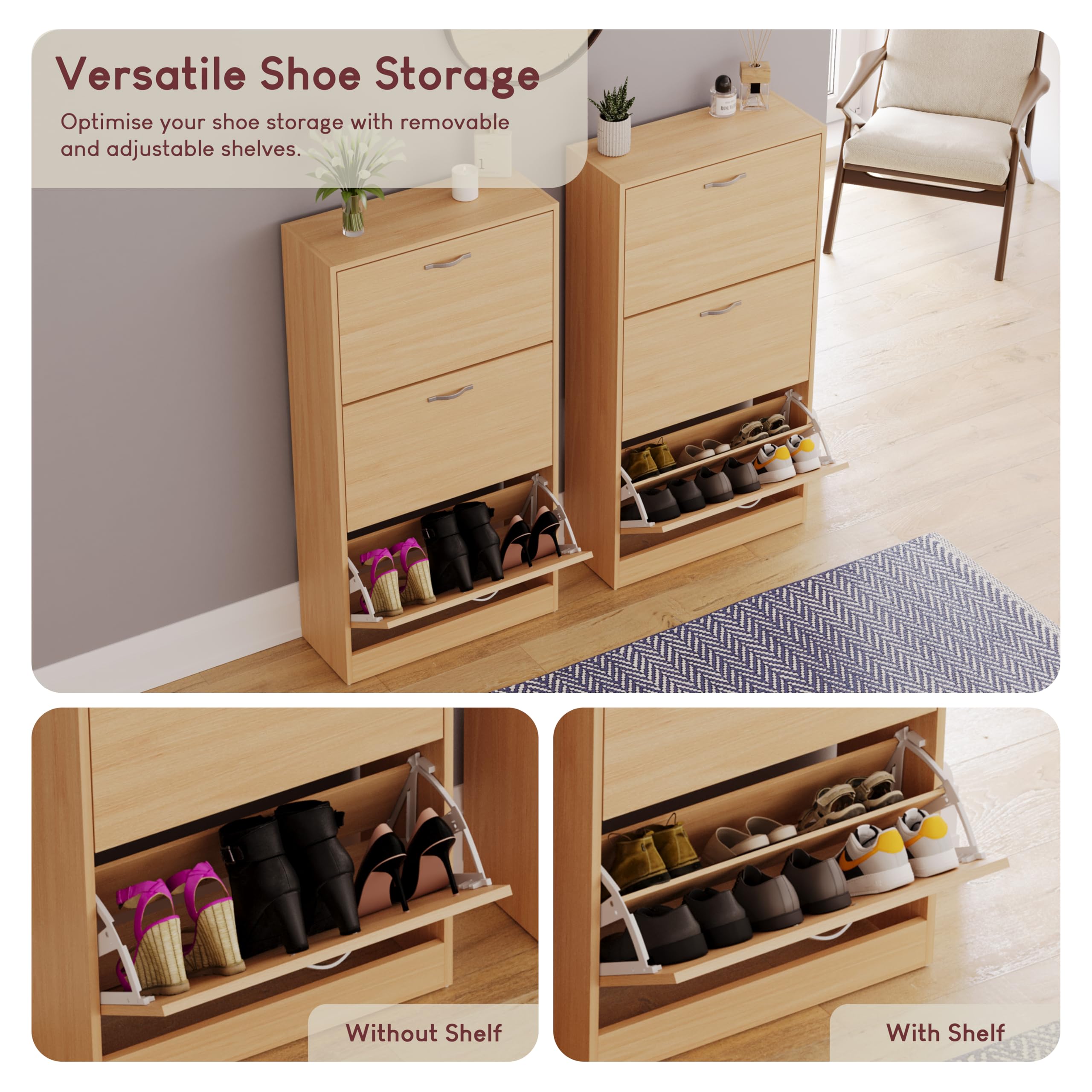 Vida Designs Wooden Shoe Cabinet - 3 Pull-Down Drawers | Slim Space-Saving Design | Pine 5