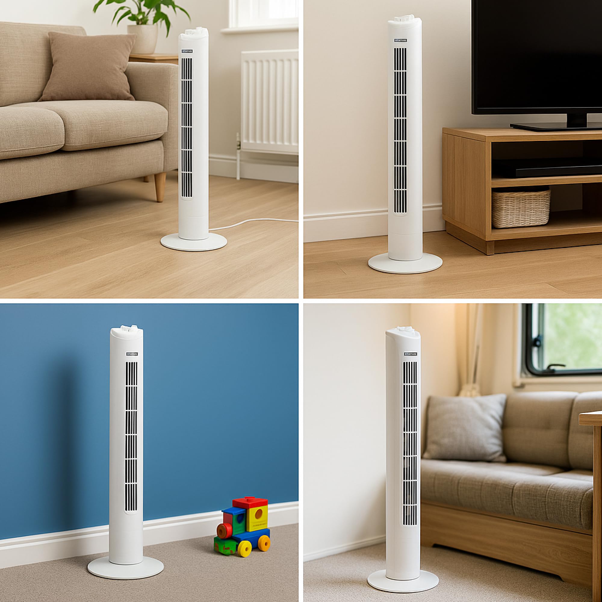 Status 29 Inch Portable Tower Fan - 3 Speed Oscillating Cooling | White Plastic 6