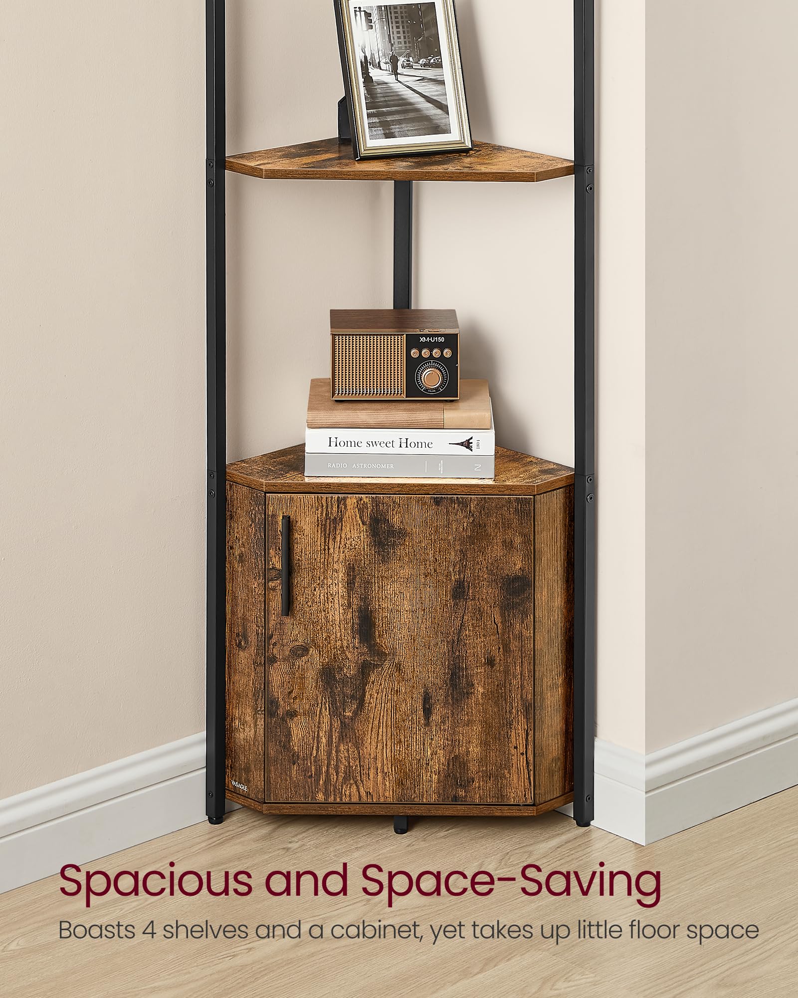 VASAGLE Corner Shelf with Storage - 5-Tier | Rustic Brown + Ink Black | 25.4 x 44.5 x 147.3 cm 5