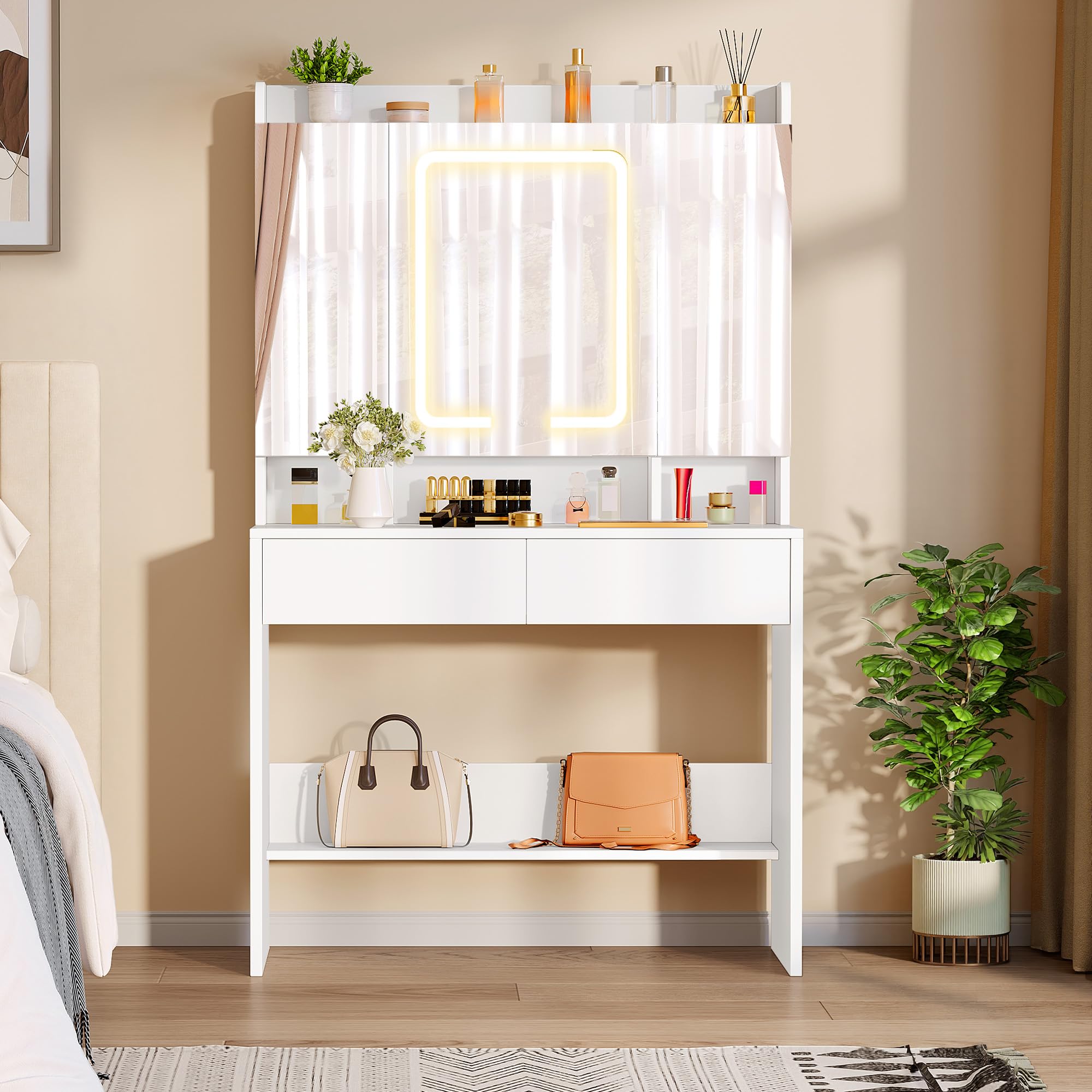 YITAHOME Dressing Table with Tri-Fold Mirror & LED Lights | White | 90 x 145 x 40 cm 2