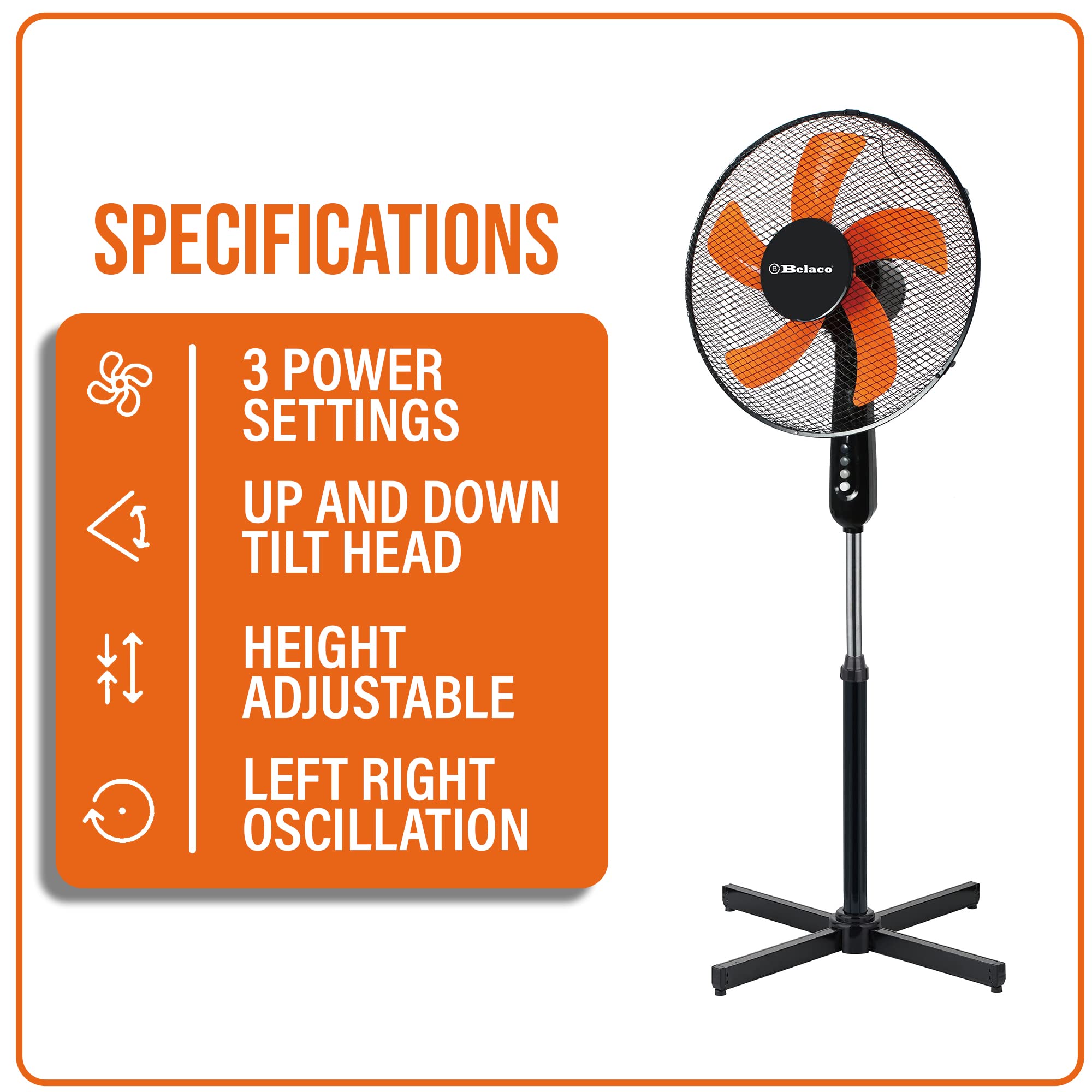Belaco 16-inch Pedestal Fan - 40W Power, 3 Speeds, 85° Oscillation | Black Plastic 3