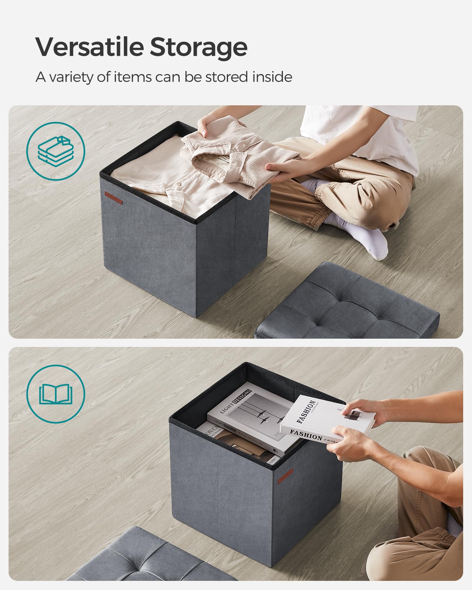 SONGMICS Storage Ottoman - Foldable Foot Rest with 43L Capacity | Slate Grey | 38 x 38 x 38 cm 6