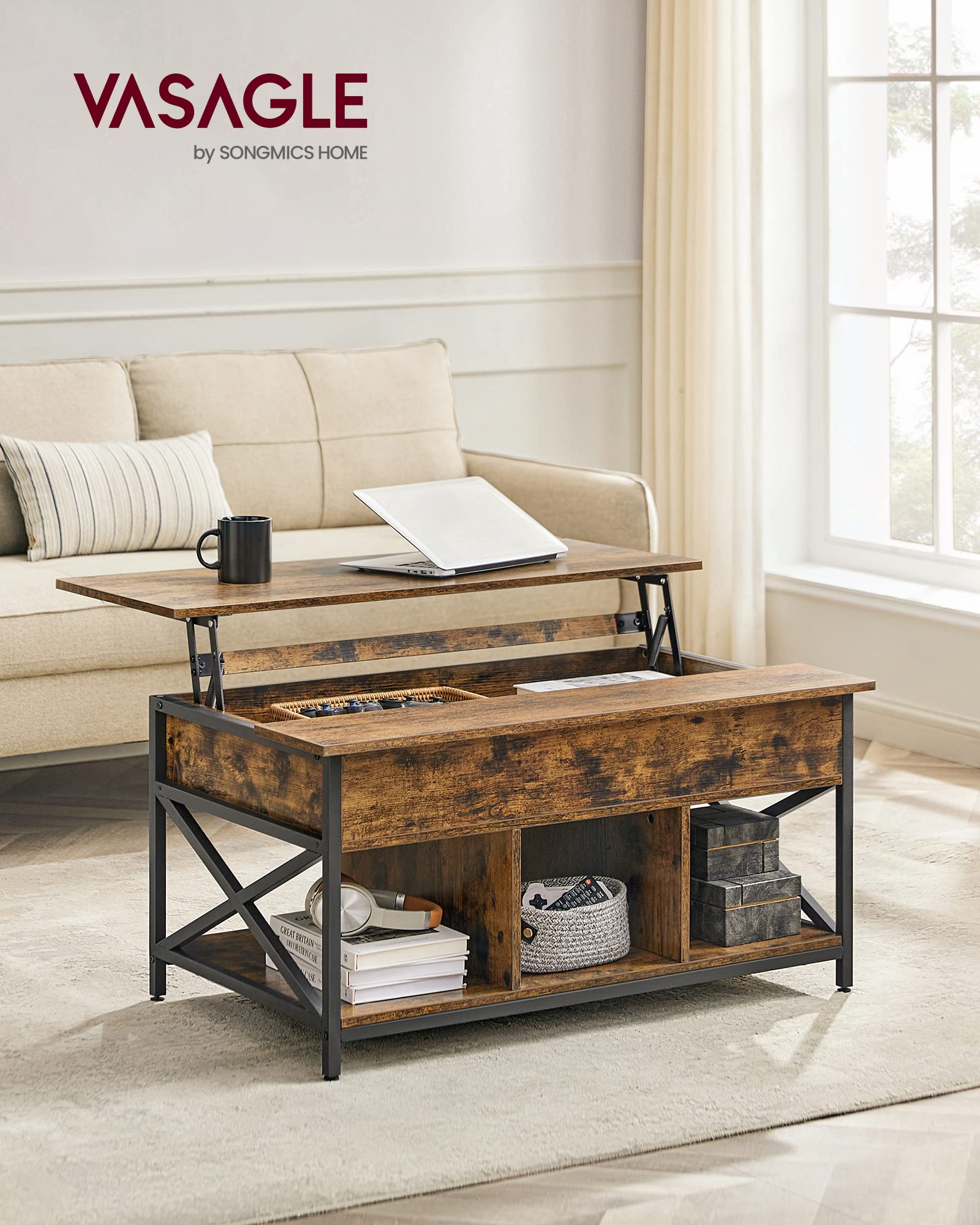 VASAGLE Lift-Top Coffee Table with Hidden Storage | Industrial Style | 60x100x52 cm 2