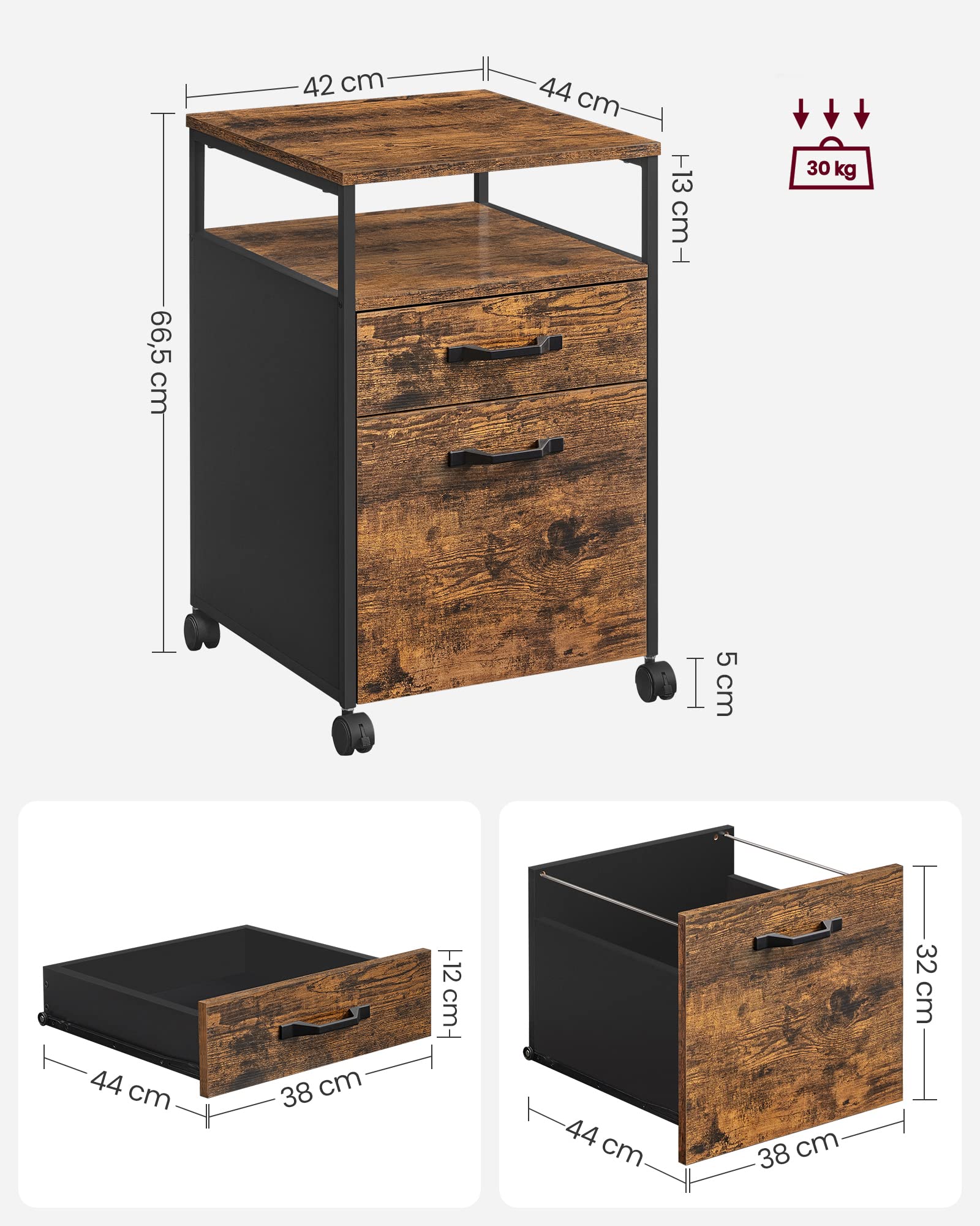 VASAGLE Mobile File Cabinet with 2 Drawers for Letter/A4 Files | Rustic Brown + Black | 50 kg Max Load 3