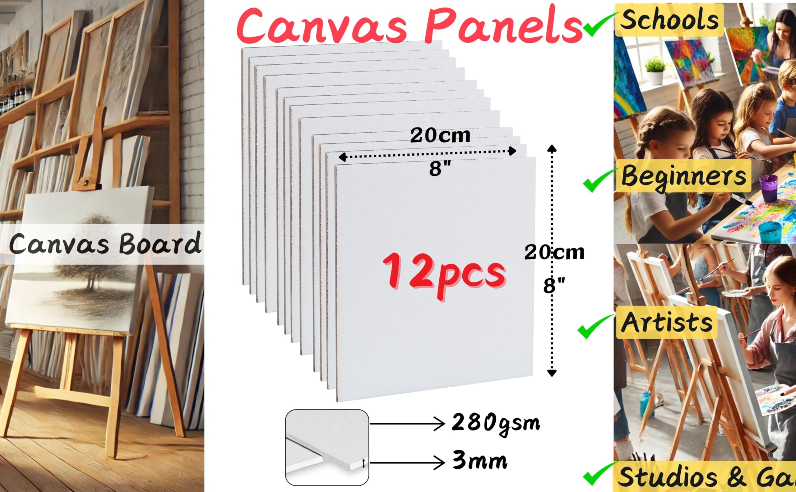 EXERZ Canvas Panels - 12 Pack, 20x20cm Square, 100% Cotton, Triple Primed Gesso 2