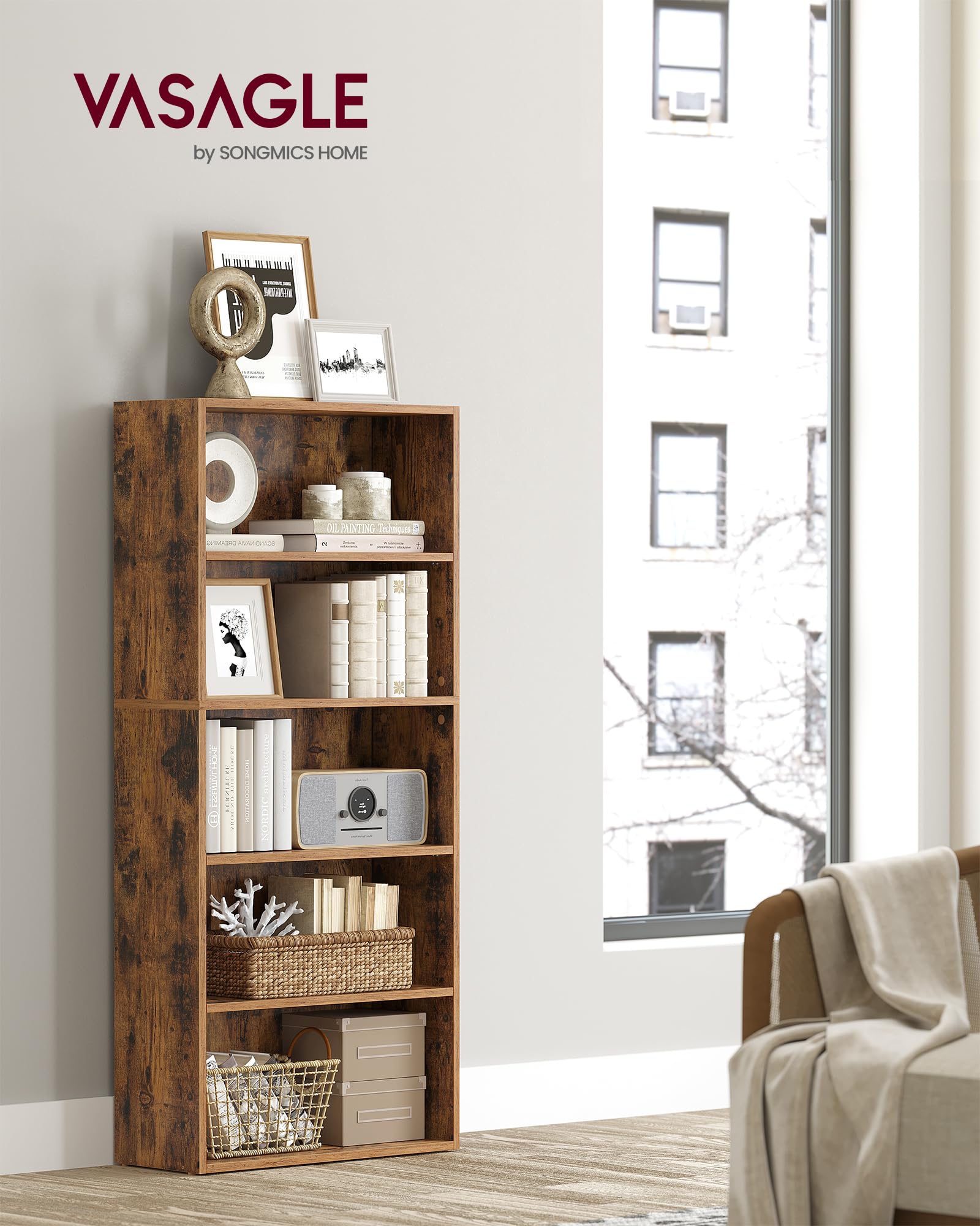VASAGLE 5-Tier Bookcase Storage Shelving Unit | Rustic Brown Engineered Wood | Adjustable Shelves 2