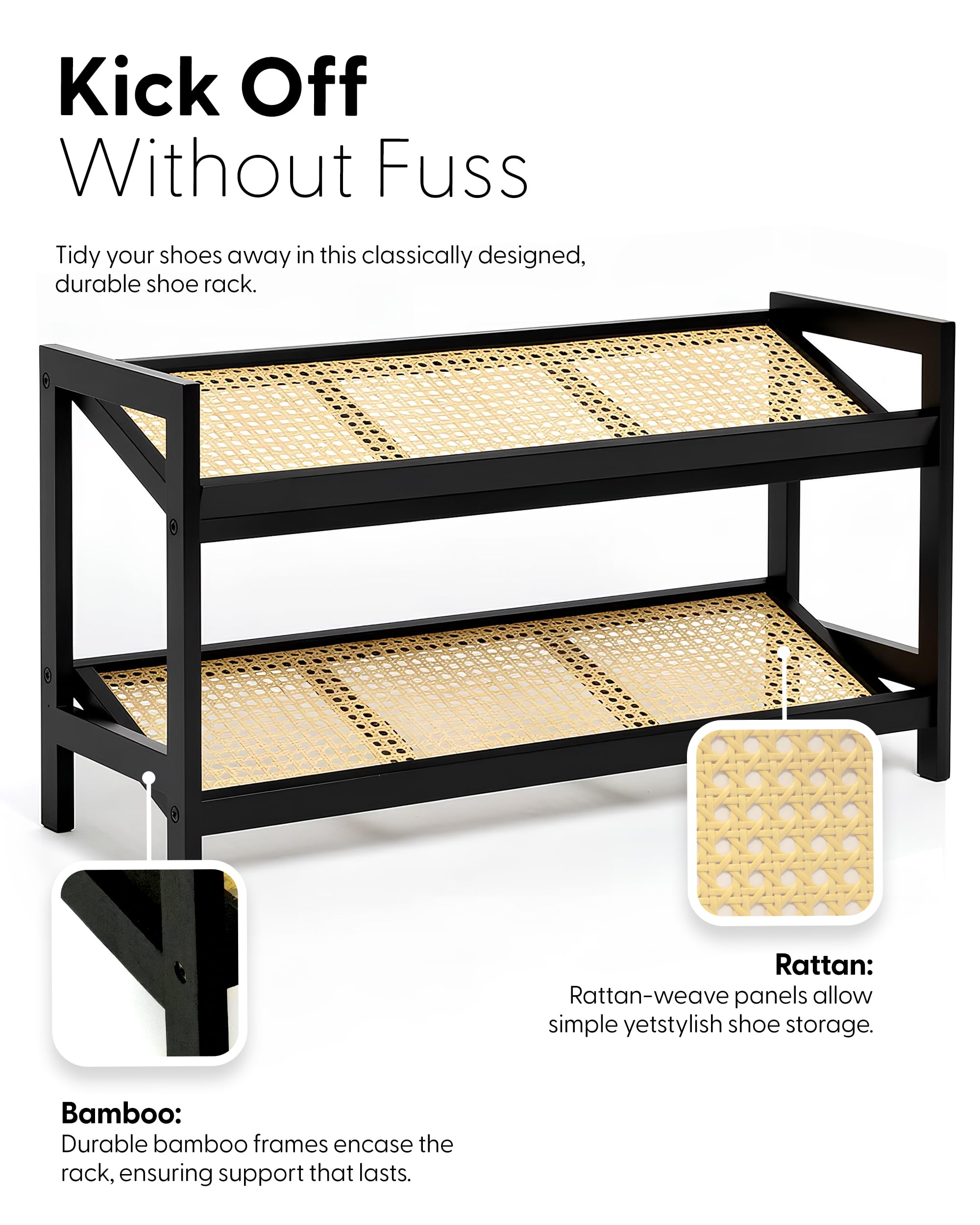 KEPLIN 2 Tier Bamboo & Rattan Shoe Rack Organizer | Compact 70cm Width | Natural/Black Finish 7