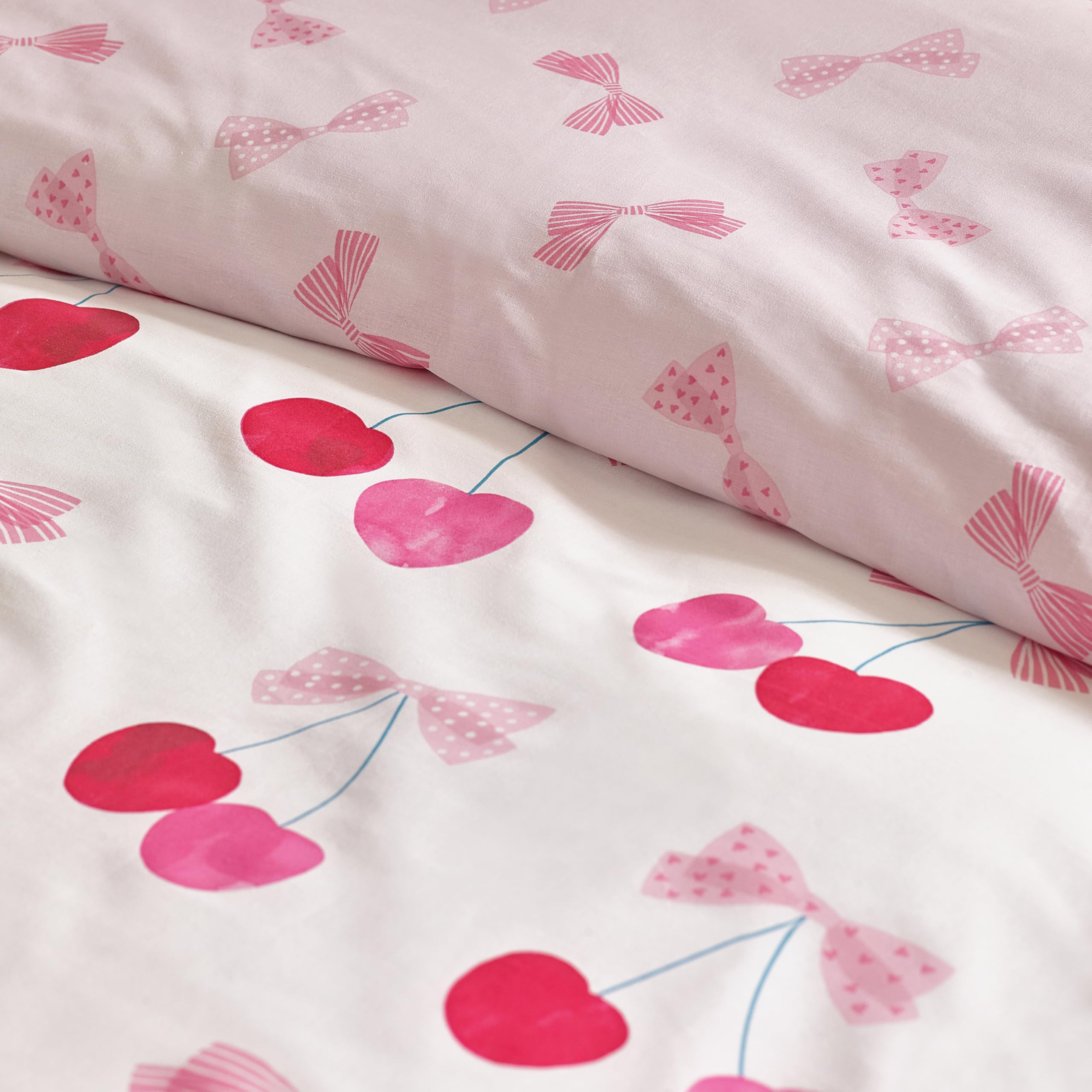 Catherine Lansfield Cherries and Bows Reversible Double Duvet Cover Set | Pink Polycotton 4