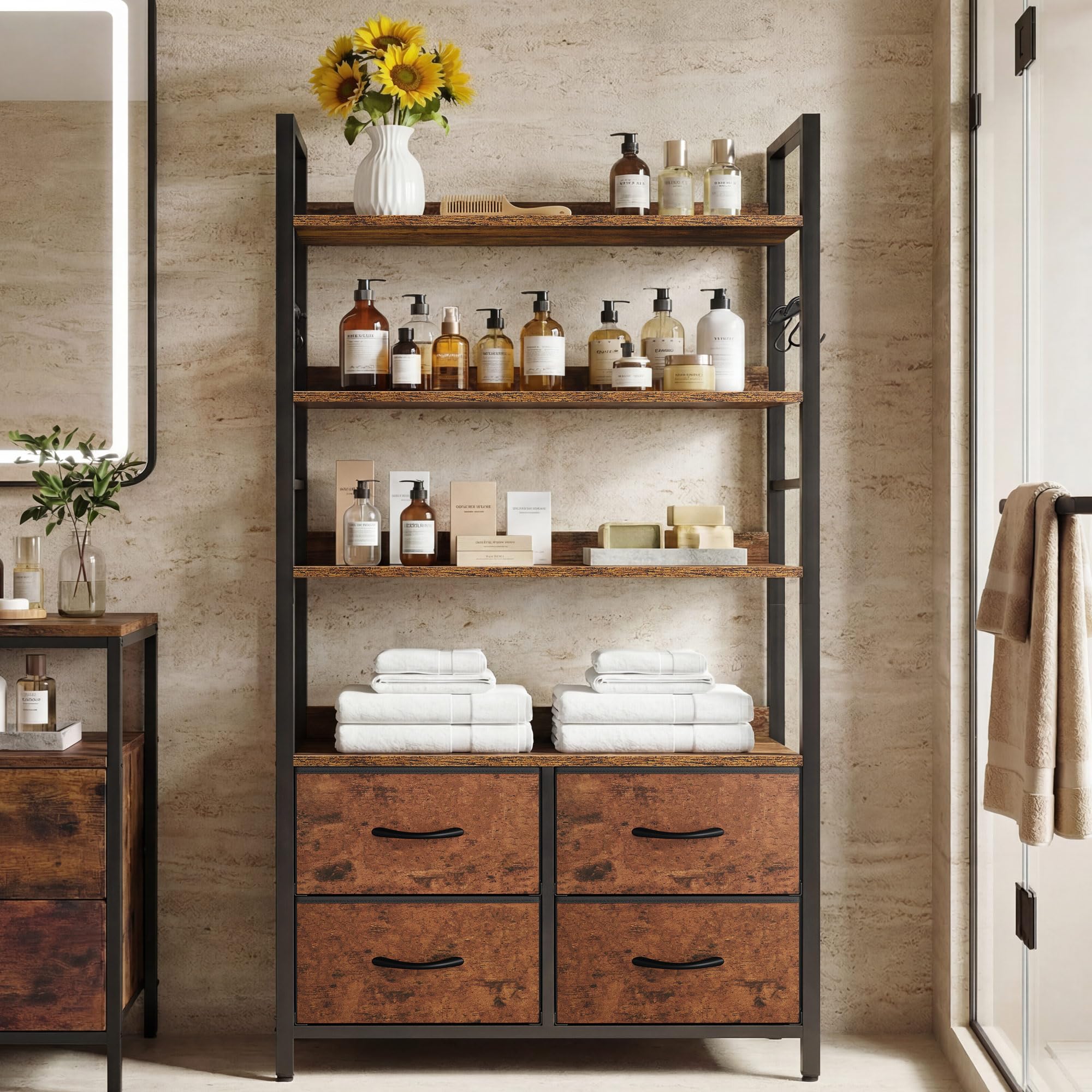 YITAHOME Industrial Bookshelf - 4-Tier with Adjustable Shelves & Drawers | Rustic Brown 9