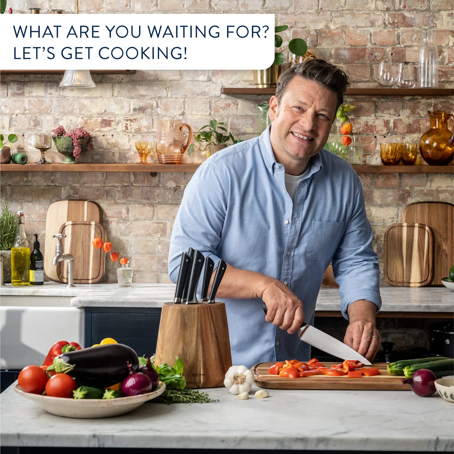 Tefal Jamie Oliver 6-Piece Kitchen Knife Set with Acacia Wood Block | German Stainless Steel 6