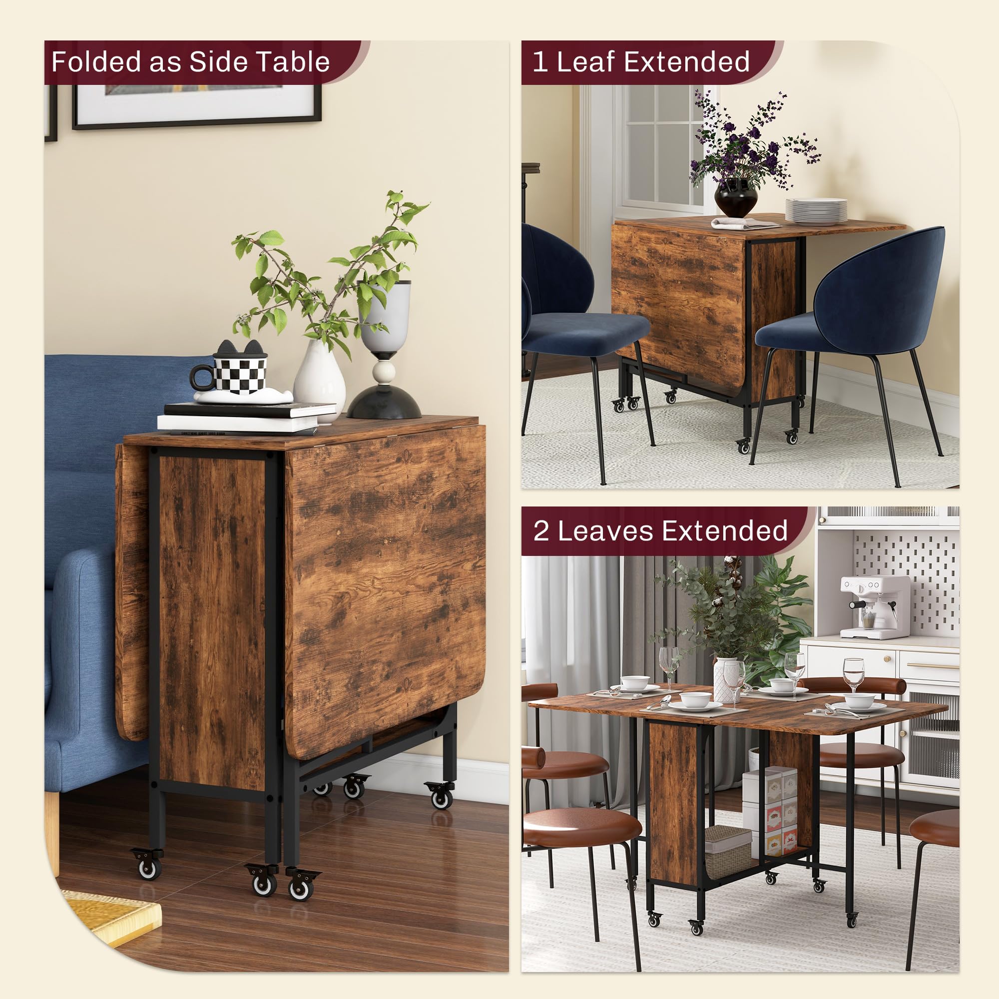 HOMCOM Mobile Drop Leaf Dining Table - Extendable to Seat Six | Rustic Brown | Storage Shelf 4