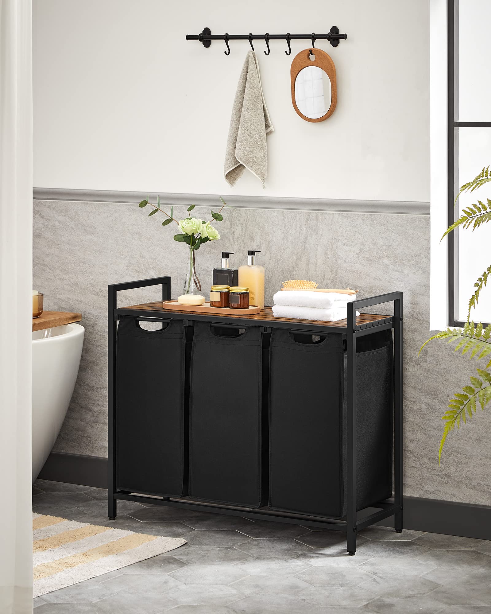 VASAGLE 3-Compartment Laundry Hamper with Pull-Out Liners | 120 L Capacity | Rustic Brown + Black 3